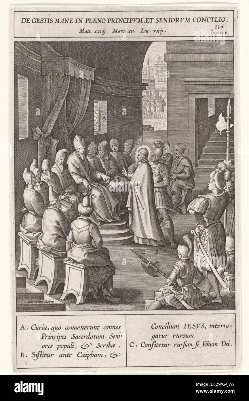 Christ for the Sanhedrin and the elders, Hieronymus Wierix, After Bernardino Passeri, 1593 print Christ led for the entire Sanhedrin, all high priests, elders and scribes. Christ tells them that he is the Messiah. Various elements from the performance are letters that correspond with the legend in the margin. Antwerp paper engraving Christ before the Sanhedrin with Caiaphas as high priest, and possibly Annas; maybe a soldier about to strike Christ because he keeps silent (Matthew 26:57-66; Mark 14:53-64; Luke 22:54, 22:66-71) Stock Photo