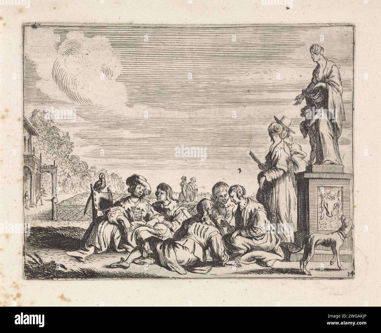 Elegant company in Tuin, Cornelis de Wael, 1630 - 1648 print An elegant company sits together on a path in a garden. On the right a statue of Venus with Amor. A dog looks up at the image. Numbered in the bottom right: 14 (?). Italy paper etching / engraving garden. private festivities, merry company. (story of) Venus (Aphrodite). dog Stock Photo