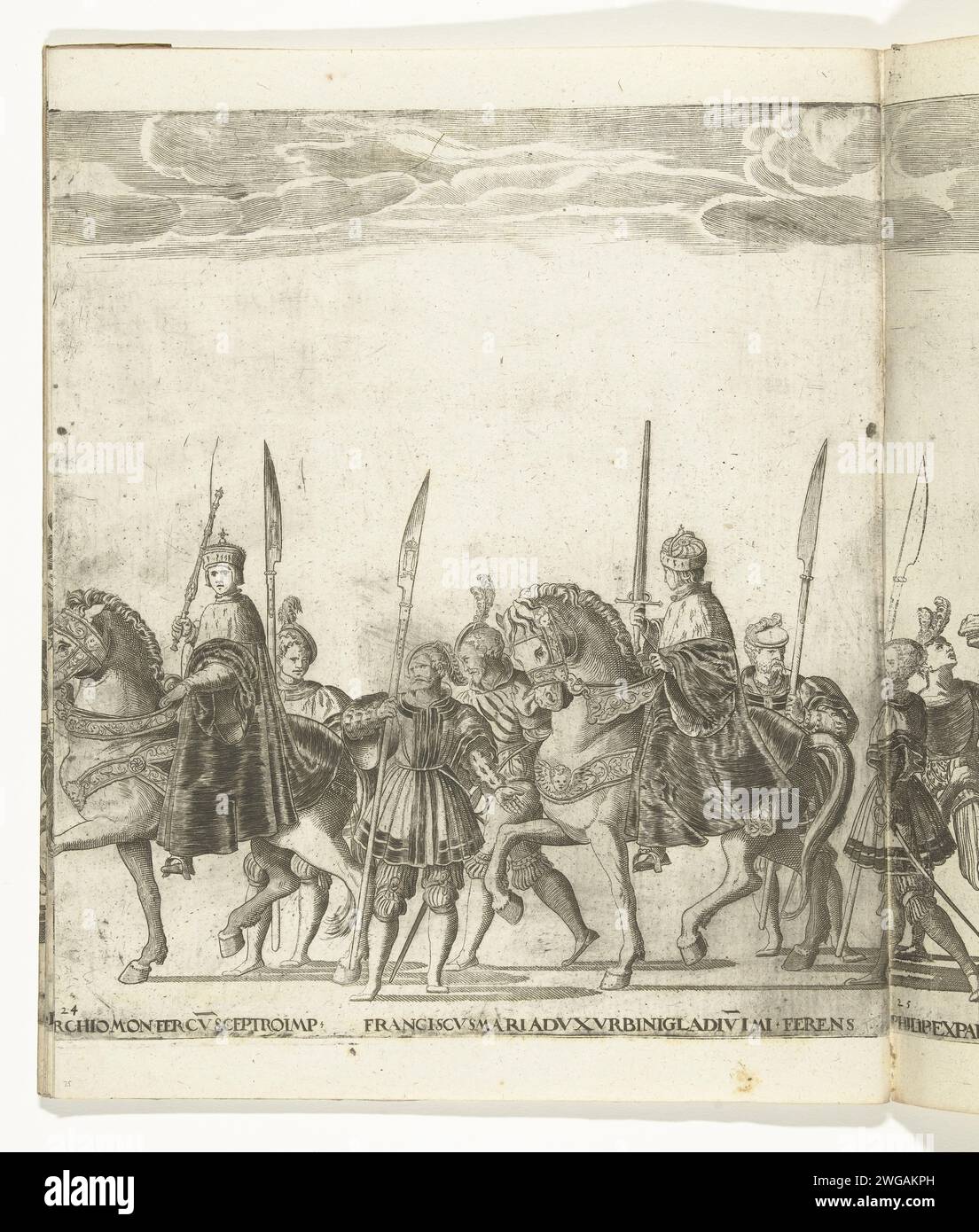 Boniface IV Paleologo, Markgraaf van Monferrato, with the imperial scepter and Francesco Maria della Rovere, Duke of Urbino, with the imperial sword, plate 24, 1620 - 1699 print Bonifatius IV Paleologo, Markgraaf of Monferrato, with the imperial scepter and Francesco Maria della Rovere, Duke of Urbino, with the imperial sword, plate 24. Procession of Charles V with the Pope Clemens VII in Bologna after his coroner, 24 February 1530 . Mechelen paper etching / engraving festivities (+ parade, pageant, cavalcade  festive activities) Bologna Stock Photo