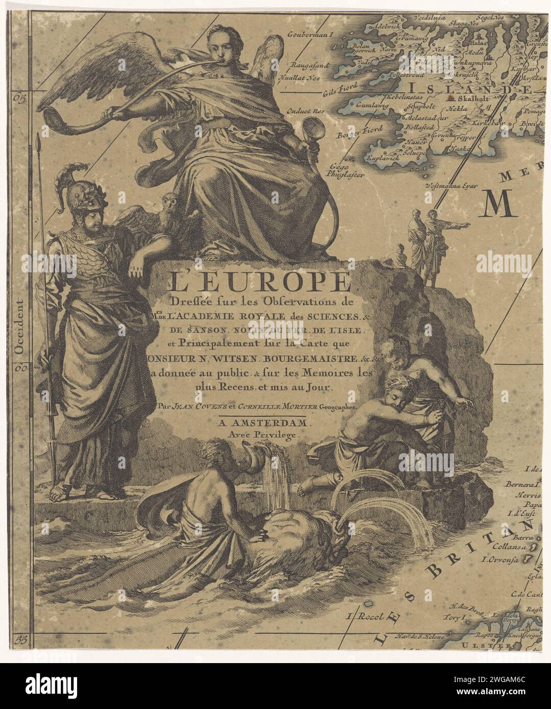 Vignette for a map of Europe with fame, Jan Luyken, 1720 - 1772 print Vignette for a map of Europe, with fame that blows from a rock on her trumpet. Minerva is slightly lower and looks at how two children are splashing wet by a sea monster. Amsterdam paper etching maps of separate countries or regions. Fame; 'Fama', 'Fama buona', 'Fama chiara' (Ripa). monsters of the sea. (story of) Minerva (Pallas, Athena) Stock Photo