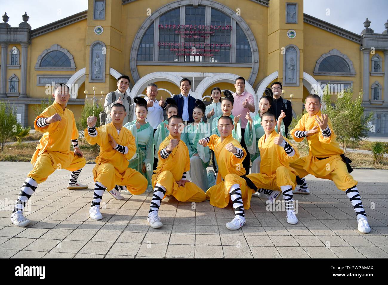 Addis Ababa Ethiopian Capital Addis Ababa 3rd Feb 2024 Members Of A   Addis Ababa Ethiopian Capital Addis Ababa 3rd Feb 2024 Members Of A Chinese Cultural Troupe From Central Chinas Henan Province Pose For A Group Photo In Front Of Furi Labu Railway Station West Of The Ethiopian Capital Addis Ababa On Feb 3 2024 To Go With Chinas Cultural Show Entertains Passengers At Ethiopias Railway Station Credit Michael Teweldexinhuaalamy Live News 2WGAMAX 