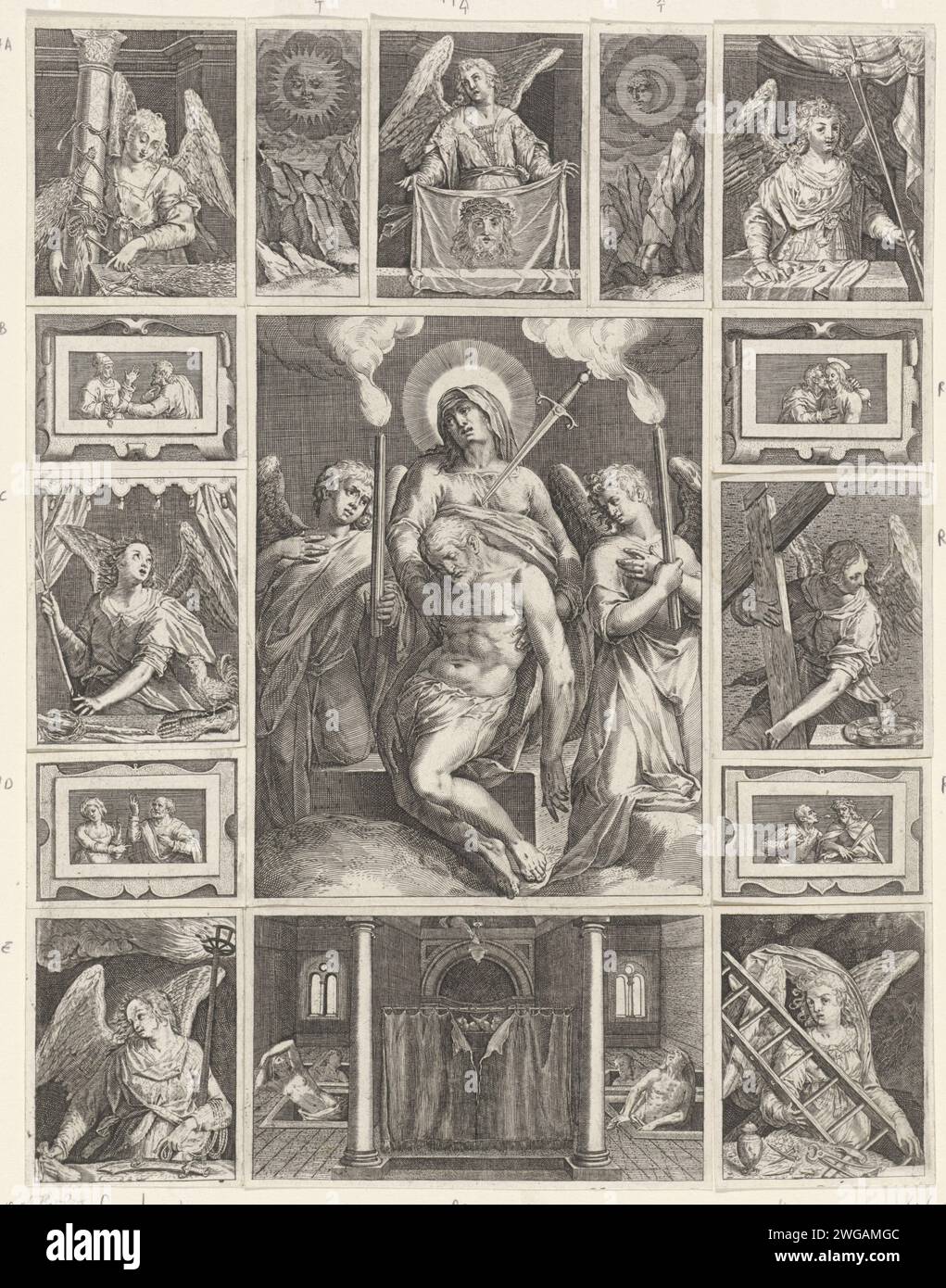 Pietà, Omringd Door the Passwords, Johan Sadlers (I), After HiewerMote, After Taddeo Vereidi, After Aereidi,, 1580 print The Virgin Mary keeps the deceased Christ in her hands. She is flanked by two angels with toortsen. The show is surrounded by seven small performances of Engelen with passion attributes and seven performance of scenes from the passion. Onderaarn in the middle the ark of the covenant behind a curtain. Open graves around the Ark that seem to crawl.  paper engraving 'PietÃ ', 'Vesperbild', 'Marienklage' (no others present): Christ, either with or without crown of thorns, mourne Stock Photo