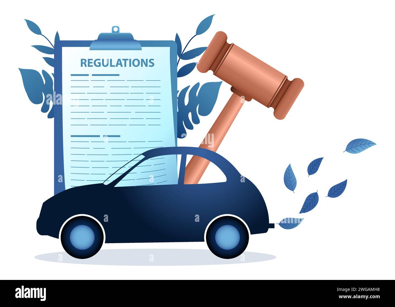 Car produced clean emissions with gavel justice and regulations document on the background, car emissions regulations vector illustration Stock Vector