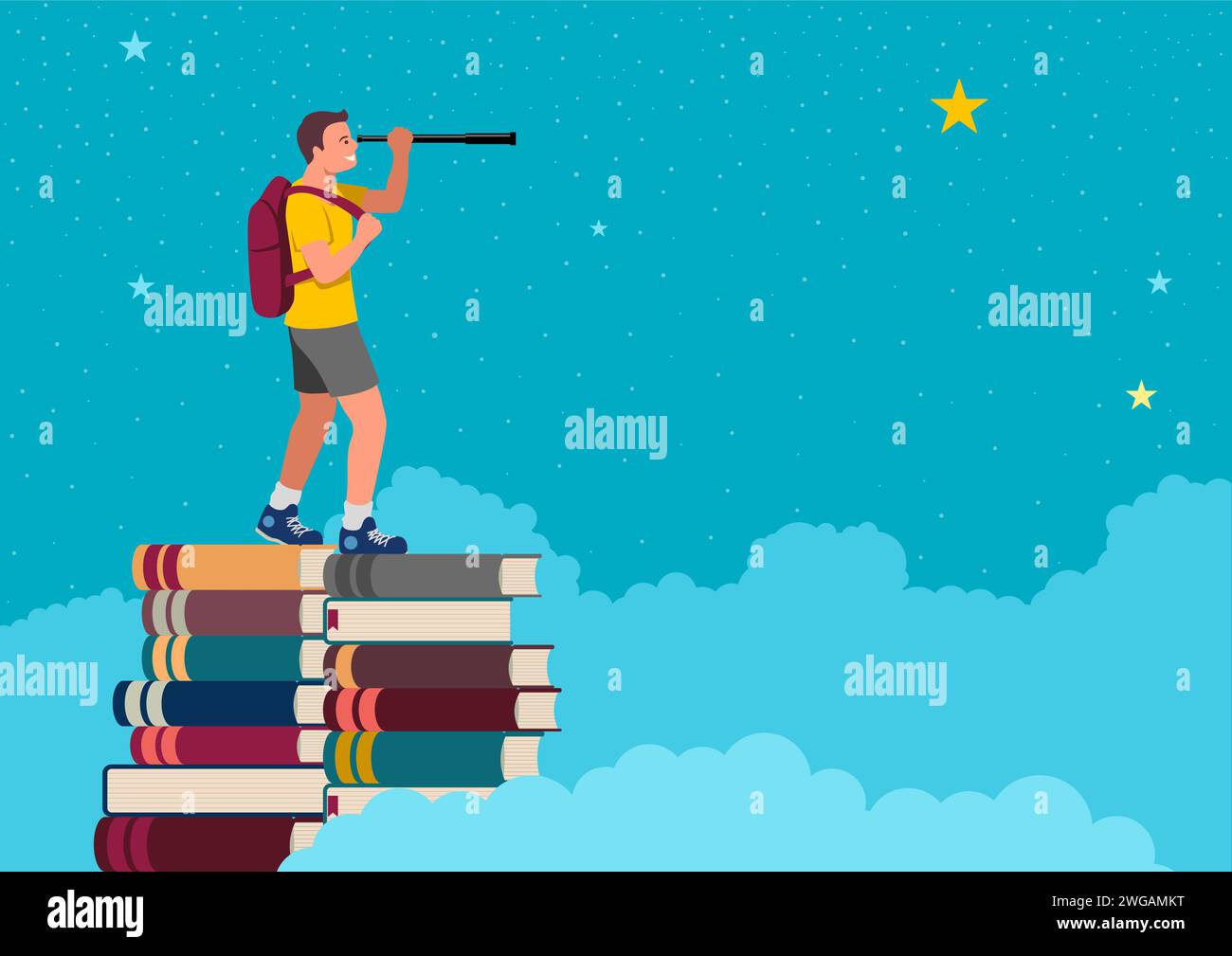 Cartoon illustration of a young boy with backpack using telescope standing on pile of books, education, future plan, forecast Stock Vector