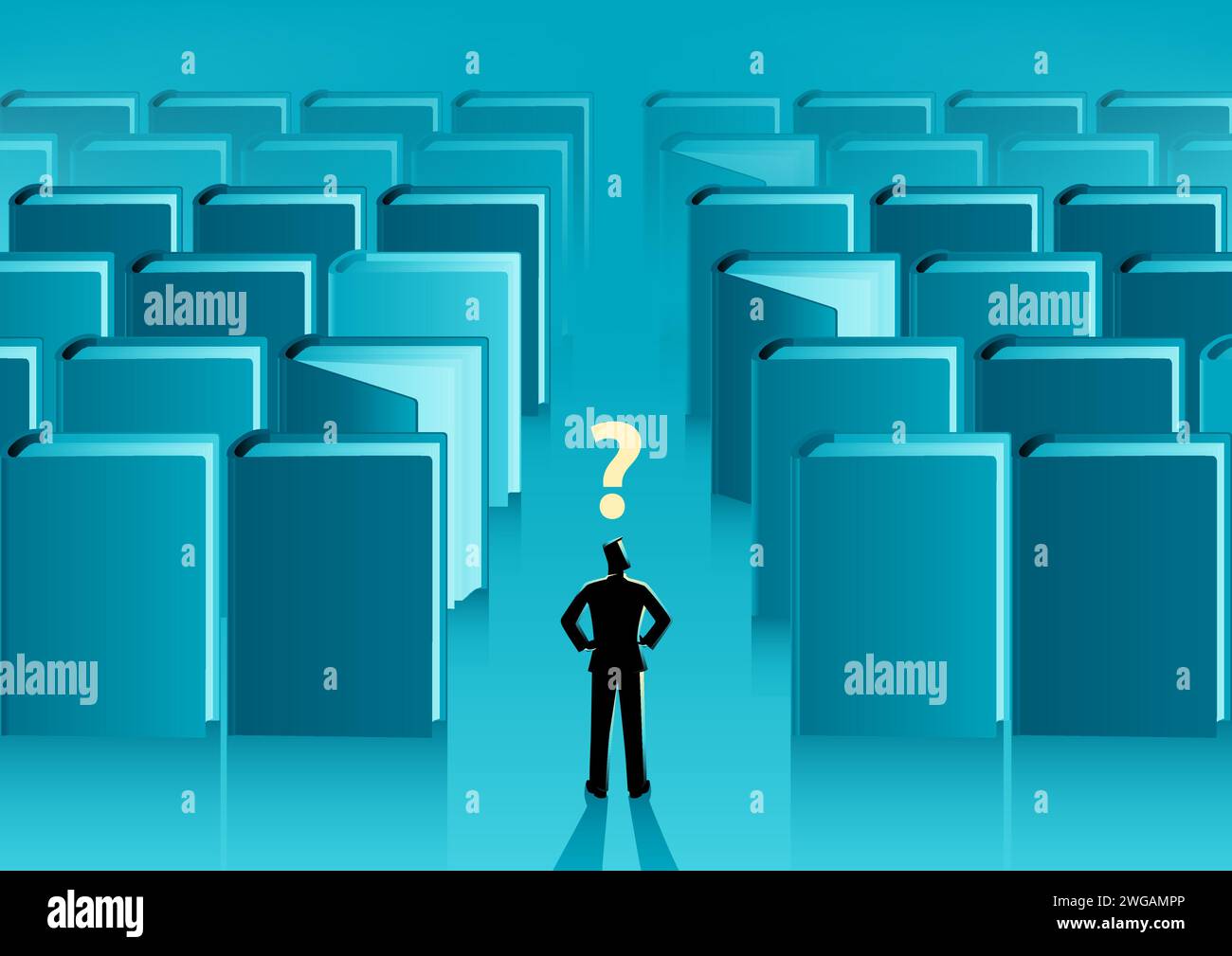 Businessman are standing and looking at the large books that are neatly ...