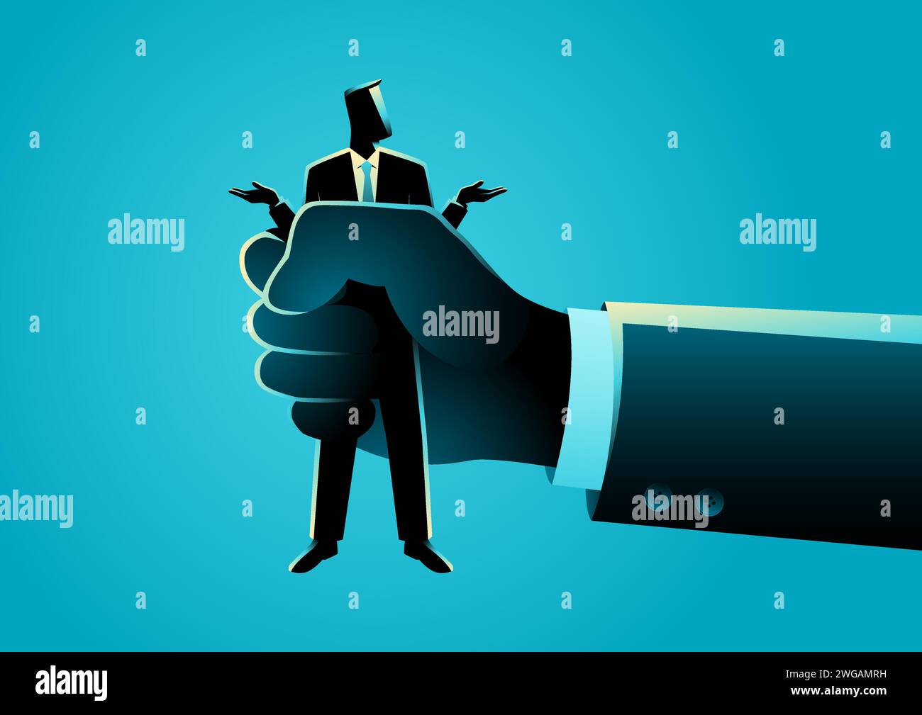 Giant hand squeezes a businessman, competitor, threat, vector illustration Stock Vector