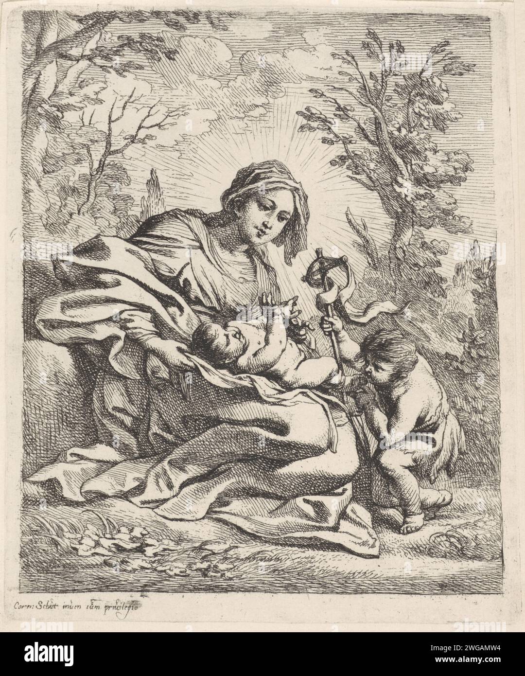 Madonna with Kind and Johannes de Boper in a landscape, Cornelis Schut (I), 1618 - 1655 print Maria sits on the ground in a landscape. She points to the young John the Baptist who plays Kiekeboe with the Christ child on her lap. Johannes controls a victory banner.  paper etching Mary and the Christ-child with John the Baptist (as child). mother playing with baby (fondling, dandling, crooning) - AA - other person than mother playing with baby Stock Photo