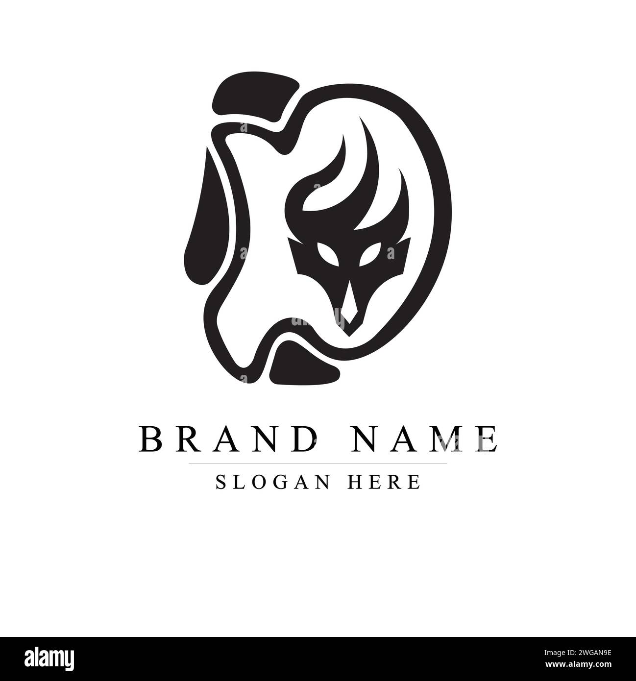 Initial logotype letter DE and dragon head silhouette vector logo icon in black and white color Stock Vector
