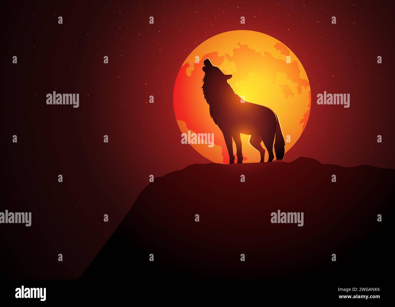 Wolf howling during full moon, vector illustration Stock Vector Image