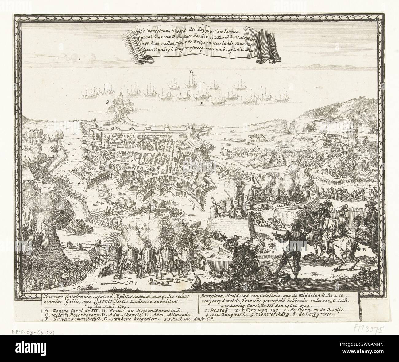 Barcelona submits to King Charles III, 1705, 1705 print After a siege by the Allies, Barcelona submits to King Charles III, October 14, 1705. In the caption De Titels in Latin and Dutch and the legends. print maker: Northern Netherlandspublisher: Amsterdam paper etching capture of city (after the siege) Barcelona Stock Photo
