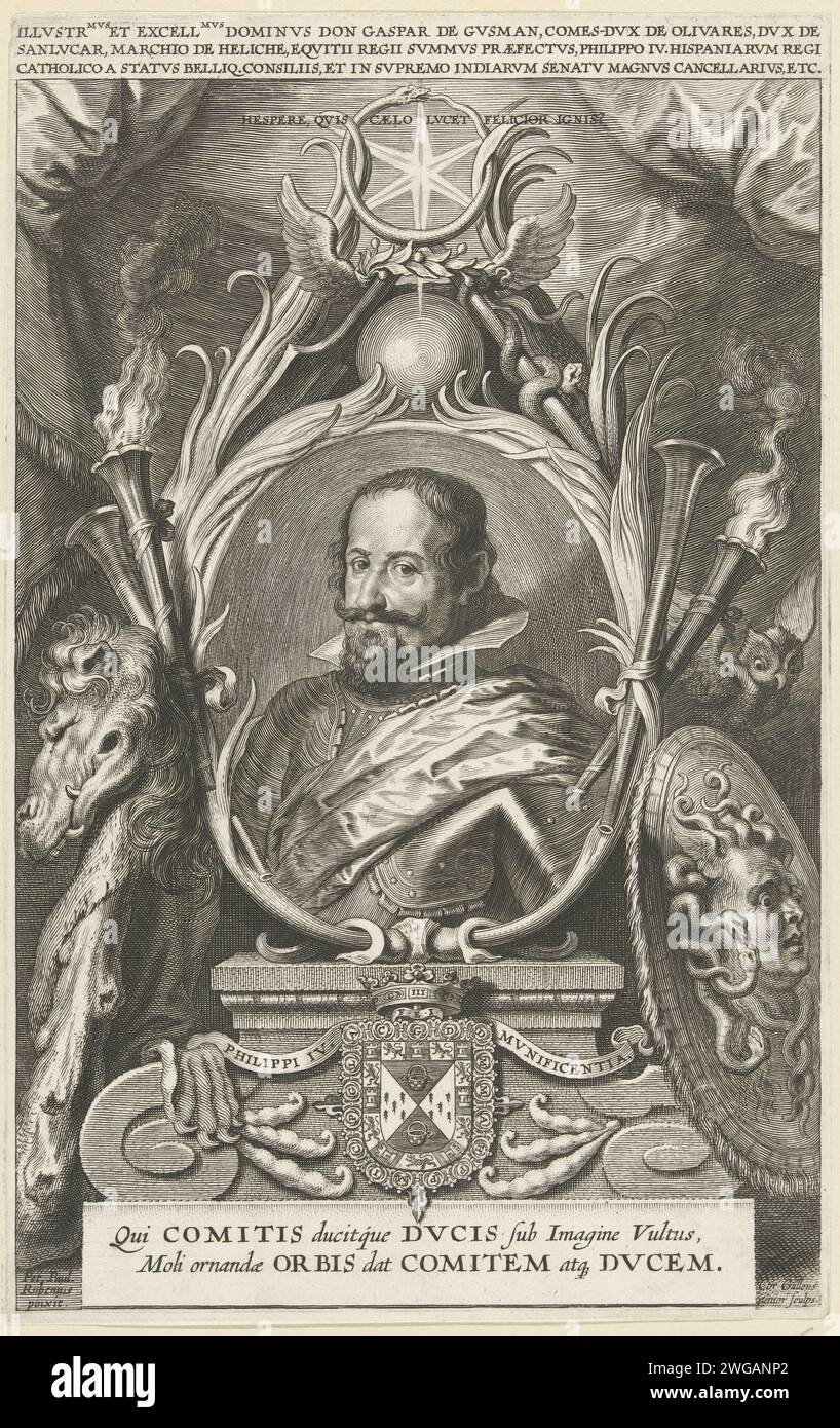 Portret Van Gaspar de Gusmán, Graaf Van Olivares, Hertog Van St. Lucar, Cornelis Galle (II), after Diego Rodriguez de Silva and Velázquez, After Peter Paul Rubens, c. 1638 - c. 1650 print Portrait of Guspar de Gusmán in an allegorical frame with torches, an owl and palm leaves. On the left the club and the lion skin of Hercules, on the right a coat of arms with the head of Medusa. Under the portrait on a pedestal the weapon of Philip IV of Spain. Antwerp paper engraving Stock Photo