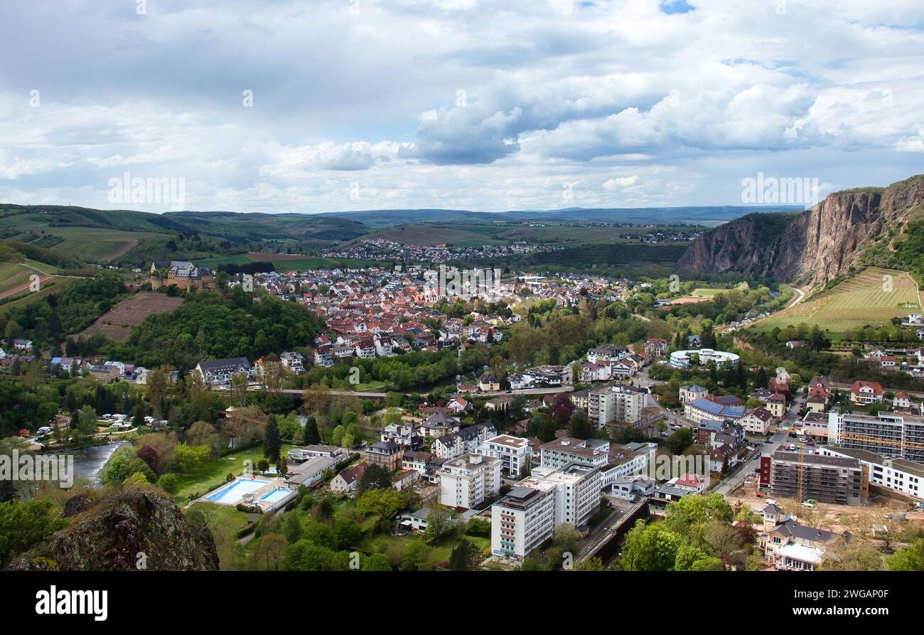 Bad Munster, Germany - May 12, 2021: Aerial view of buildings and Rheingrafenstein Castle on a spring day in Rhineland Palatinate, Germany. Stock Photo