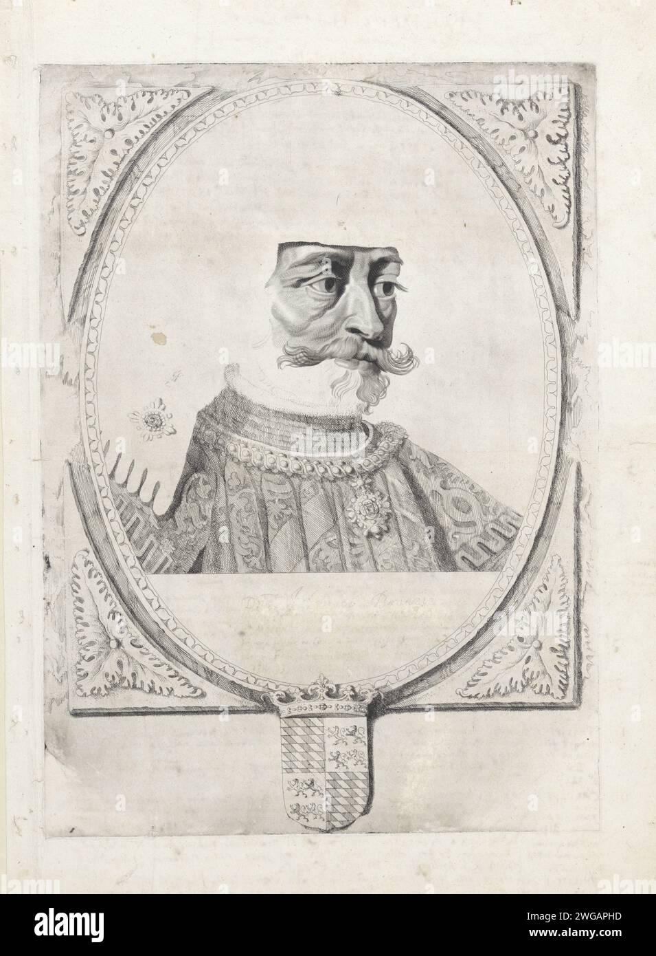 Portrait of Jan van Beieren, Cornelis Visscher (II), 1650 print Jan van Bavaria, count of Holland and Zeeland, nicknamed Jan without grace. A chain decorated with pearls and precious stones around its neck. The frame is decorated with a weapon. Haarlem paper engraving / etching nobility and patriciate; chivalry, knighthood. necklace (+ men's clothes) Stock Photo