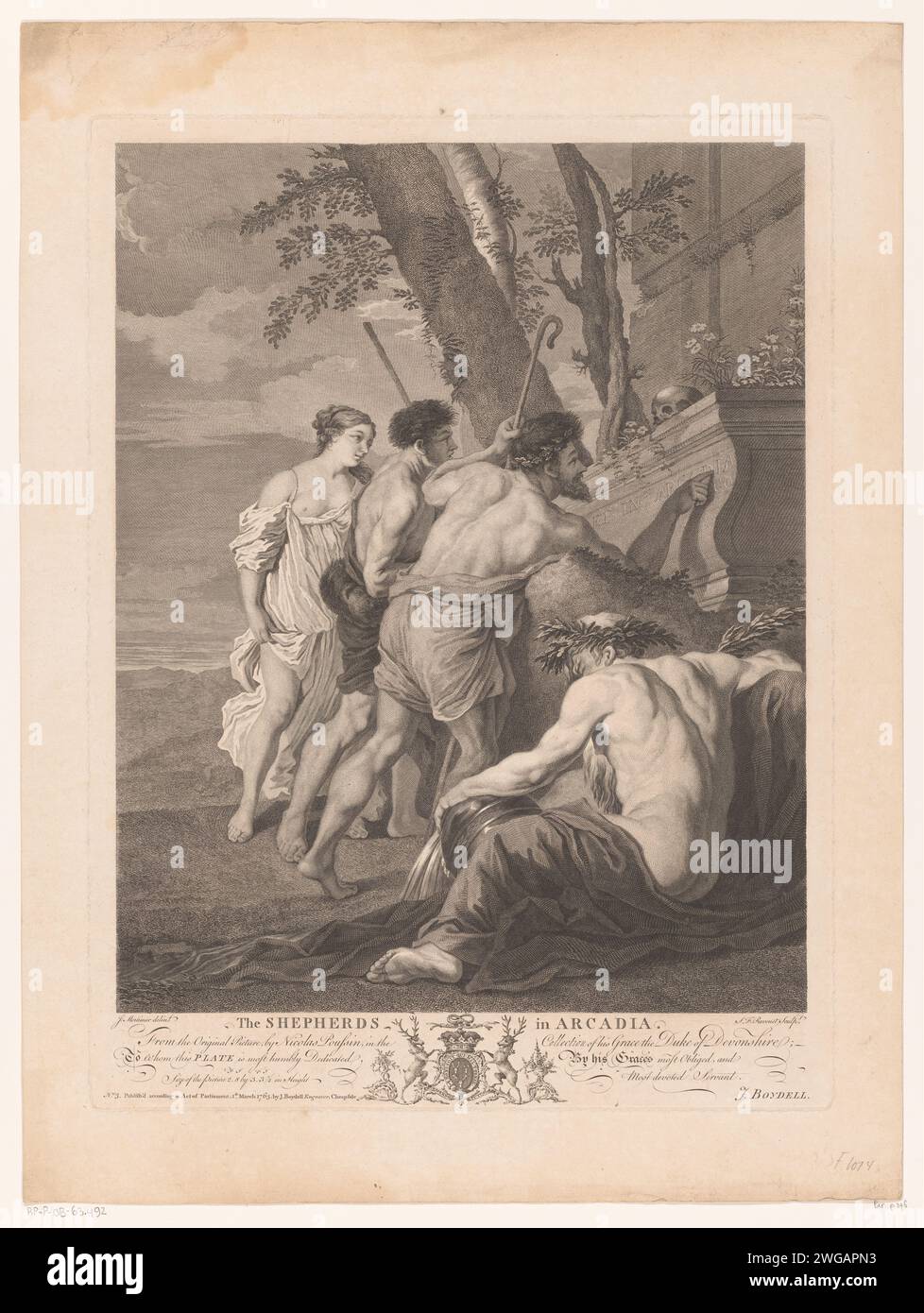 Herders in Arcadia, Simon François Ravenet (The Old), After John Hamilton Mortimer, After Nicolas Poussin, 1763 print  London paper etching / engraving 'And in Arcadia I am' Stock Photo