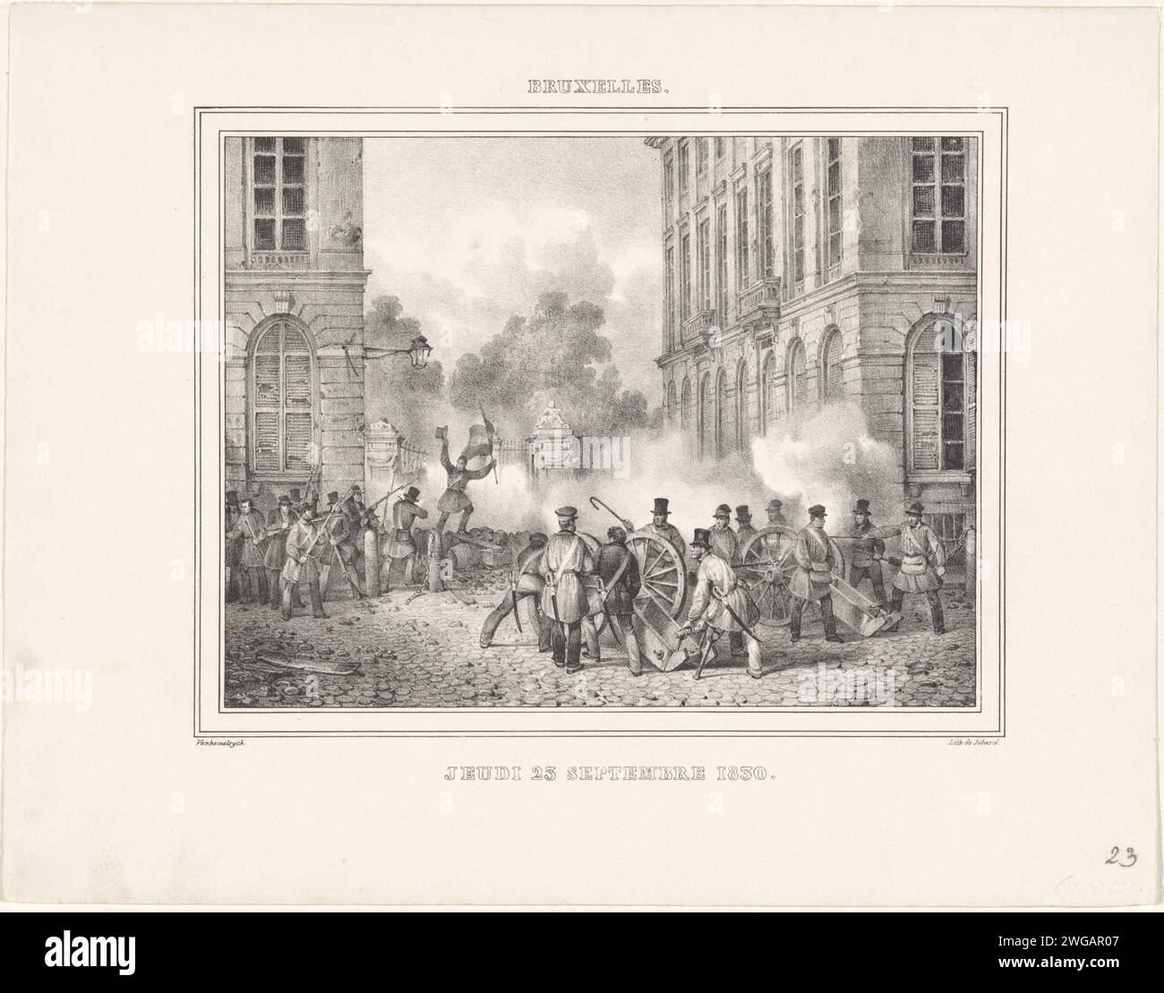 Fighting at the park in Brussels, 1830, Jean -Louis Van Hemelryck, 1830 - 1831 print Belgian insurgents behind a barricade at the Warandepark in Brussels on September 23, 1830. There is Jambe de Bois behind one guns. Part of a group of prints from various other series related to the records in the Recueil about the events during the Belgian Revolution in Brussels, Antwerp and other cities in the period 25 August 1830 to 27 March 1831. Brussels paper  barricades  riot Brussels. Wara -park Stock Photo