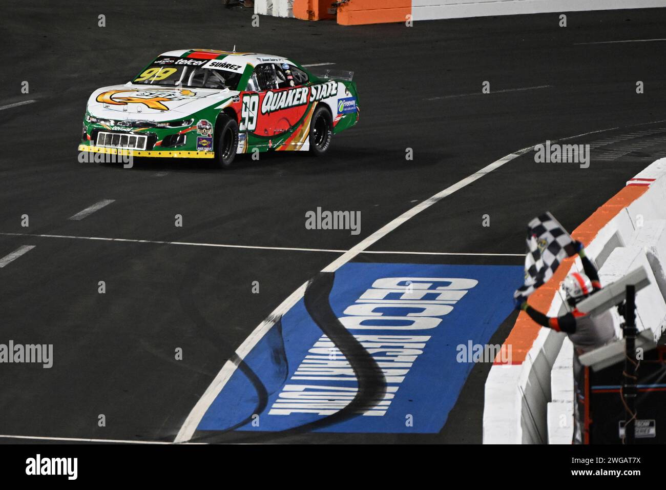 LOS ANGELES, CA - FEBRUARY 03: Daniel Suarez (#99) races to the ...