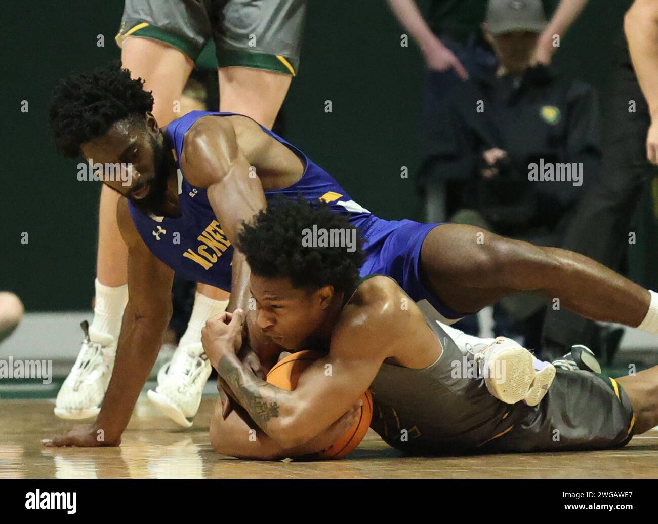 Hammond, USA. 03rd Feb, 2024. Both McNeese State Cowboys guard Javohn Garcia (14) and Southeastern Louisiana Lions guard Roscoe Eastmond (2) fight for a loose ball during a Southland Conference men's basketball game at the University Center in Hammond, Louisiana on Saturday, February 3, 2024. (Photo by Peter G. Forest/Sipa USA) Credit: Sipa USA/Alamy Live News Stock Photo