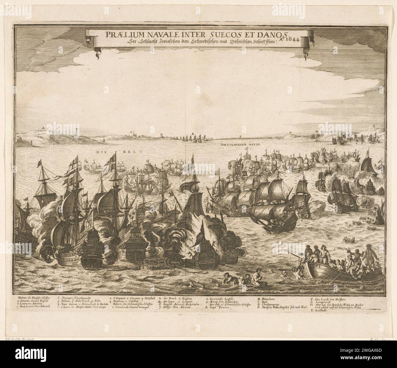 Sea battle between the Swedish and Danish fleets in the Belt, 1644, 1644 print Sea battle between the Swedish and Danish fleets in the Fehmarn Belt (between the Danish Lolland and the German island of Fehmarn), October 23, 1644. The Swedes are assisted by a Dutch fleet under Maerten Thijssen Anckerhelm. Sea battle in full swing, centrally the burning Danish ship De Lindeworm, in the foreground drowning people in a sloop. In the caption De Legends A-R and 1-9 and A-I in German. The print also includes a map with the location of the sea battle. Germany paper etching battle (+ naval force) Sweden Stock Photo