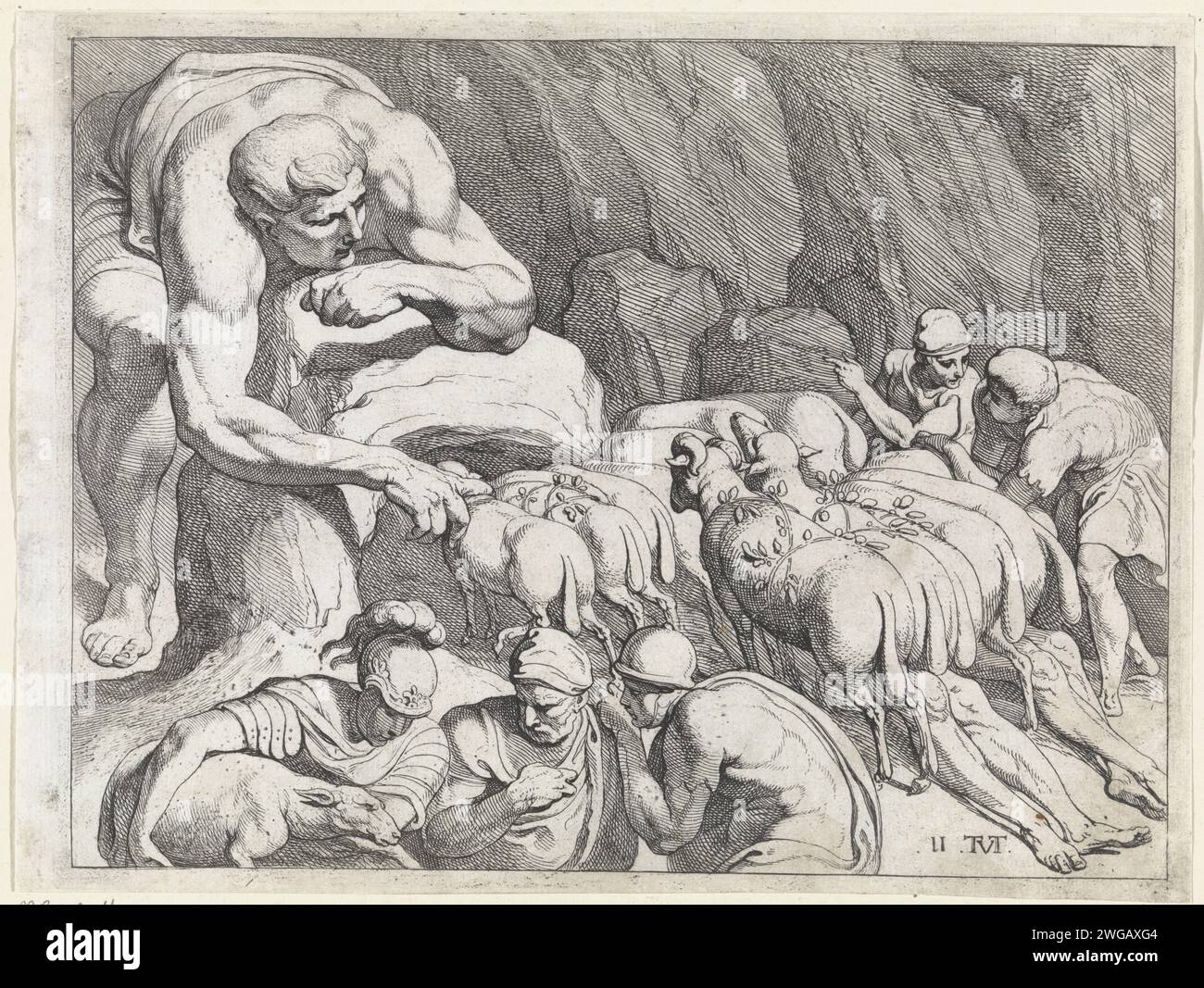 Odysseus escaped from the cave of Polyphemus, Theodoor van Thulden, After Francesco Primaticcio, 1632 - 1633 print The Giant Polyphemus made by Odysseus Blind opens his cave to let his herd of sheep out. Odysseus and his men escape the giant by hanging under the rams and sheep. Paris paper etching / engraving Ulysses and his men slip away concealed under rams Stock Photo