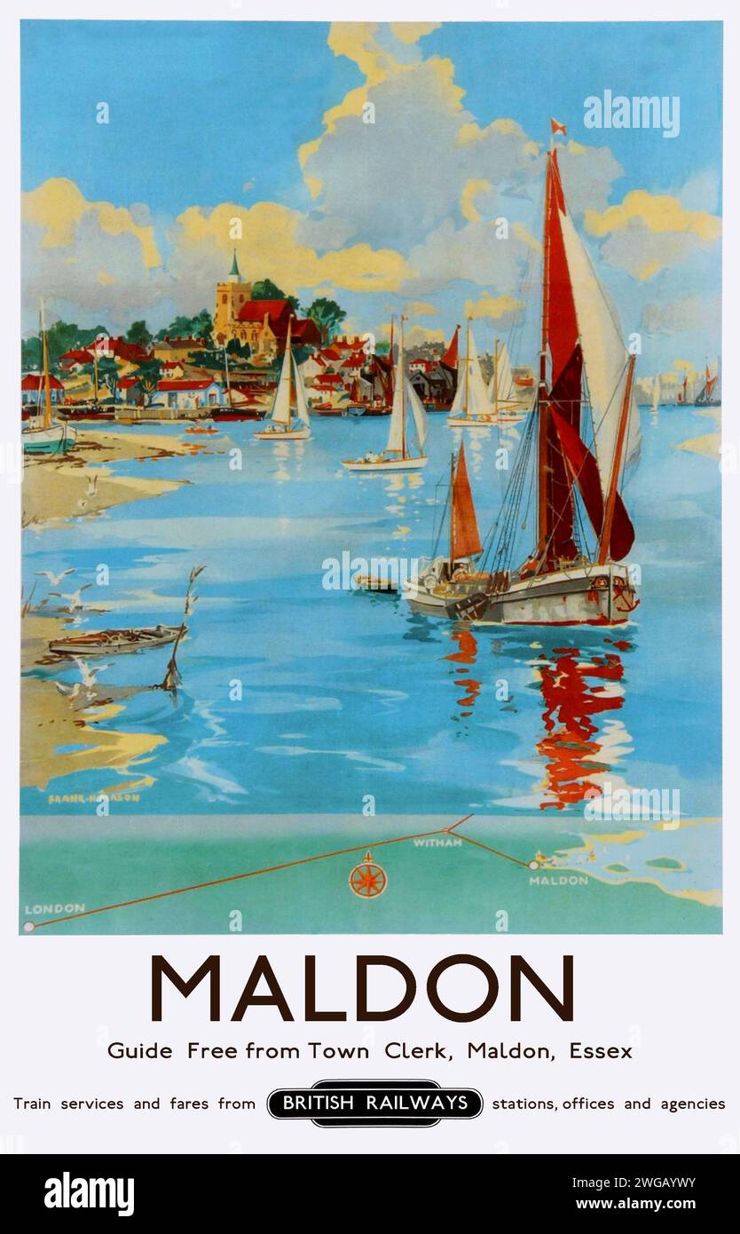 A vintage British Railways travel poster advertising Maldon in Essex, UK Stock Photo