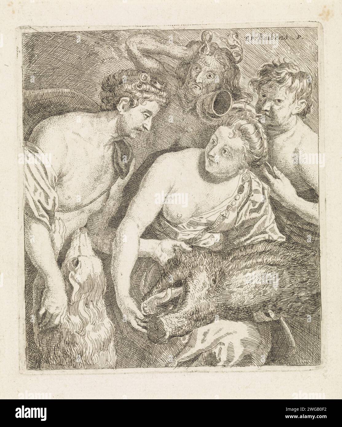 Melager gives the head of the Caledonian Zwijn to Atalanta, Philippe Lambert Joseph Spruyt, after Peter Paul Rubens, 1747 - 1801 print Melager offers Atalanta the head of the wild boar. A hunting dog jumps up against Melager, in the background a boy blows the hunting horn. In the background is one of the phuriën, as a harbinger of the tragic end of Melager. Ghent paper etching Meleager Gives the Head of the Boar to Attalanta. Furies, Dirae (Erinyes), eemendides; 'Furie' (ripe) Stock Photo