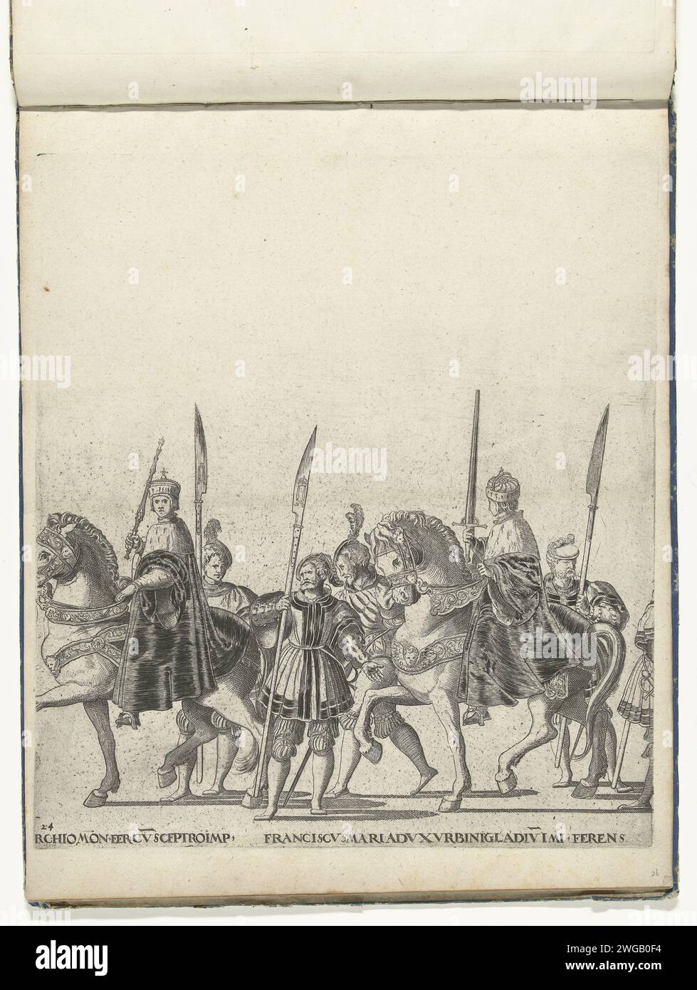 Boniface IV Paleologo, Markgraaf of Monferrato, with the imperial scepter and Francesco Maria della Rovere, Duke of Urbino, with the imperial sword, plate 24, 1615 - 1620 print Bonifatius IV Paleologo, Markgraaf of Monferrato, with the imperial scepter and Francesco Maria della Rovere, Duke of Urbino, with the imperial sword, plate 24. Procession of Charles V with the Pope Clemens VII in Bologna after his coronation to emperor, 24 February 1530 . print maker: Mechelenpublisher: The Hague paper etching / engraving festivities (+ parade, pageant, cavalcade  festive activities) Bologna Stock Photo