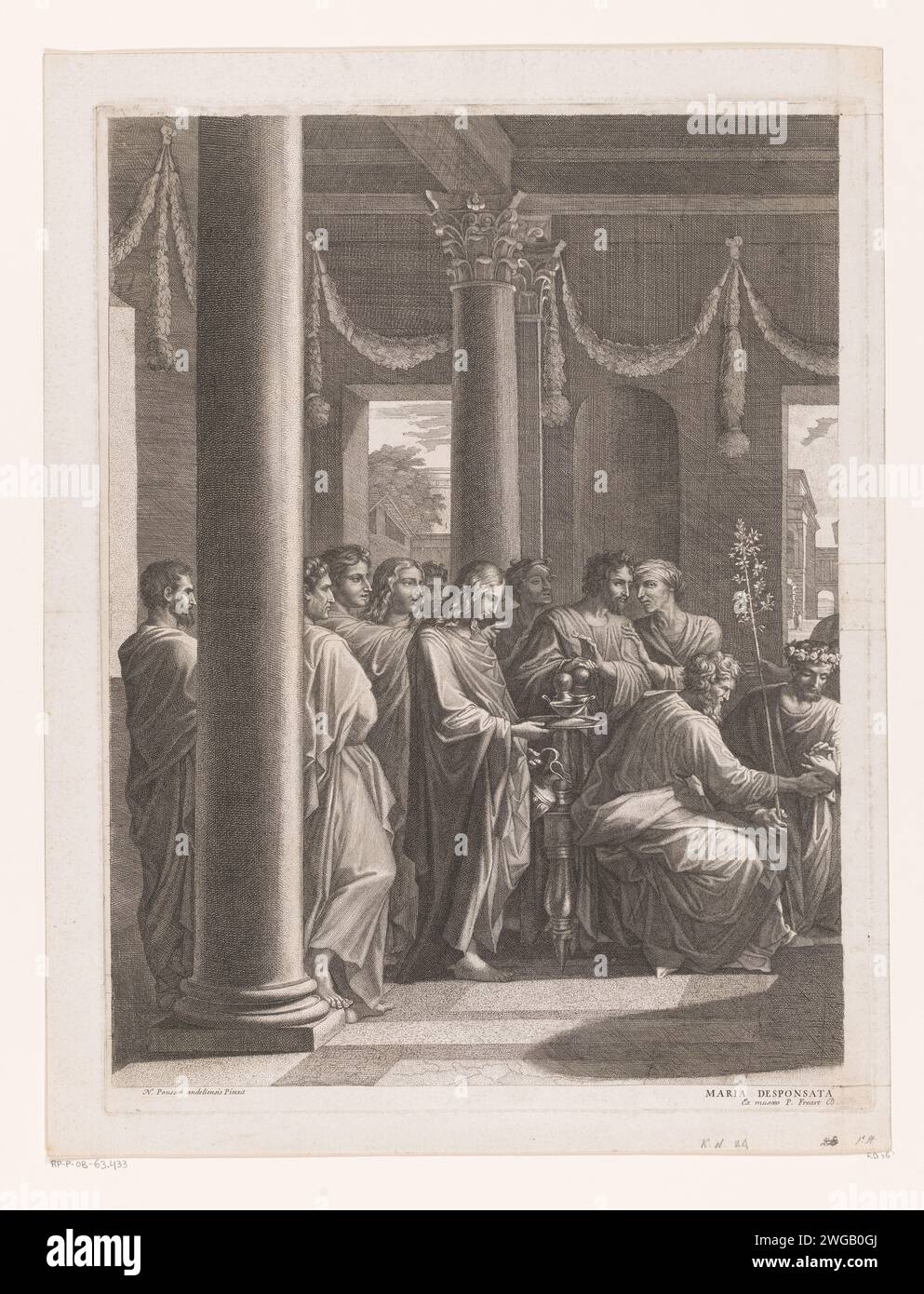 Marriage of Maria and Jozef (left part), Jean Pesne, After Nicolas Poussin, 1633 - 1700 print Sacrament of marriage. France paper etching marriage of Mary and Joseph, 'Sposalizio': they are married by the high priest. marriage in church  the sixth of the seven sacraments Stock Photo