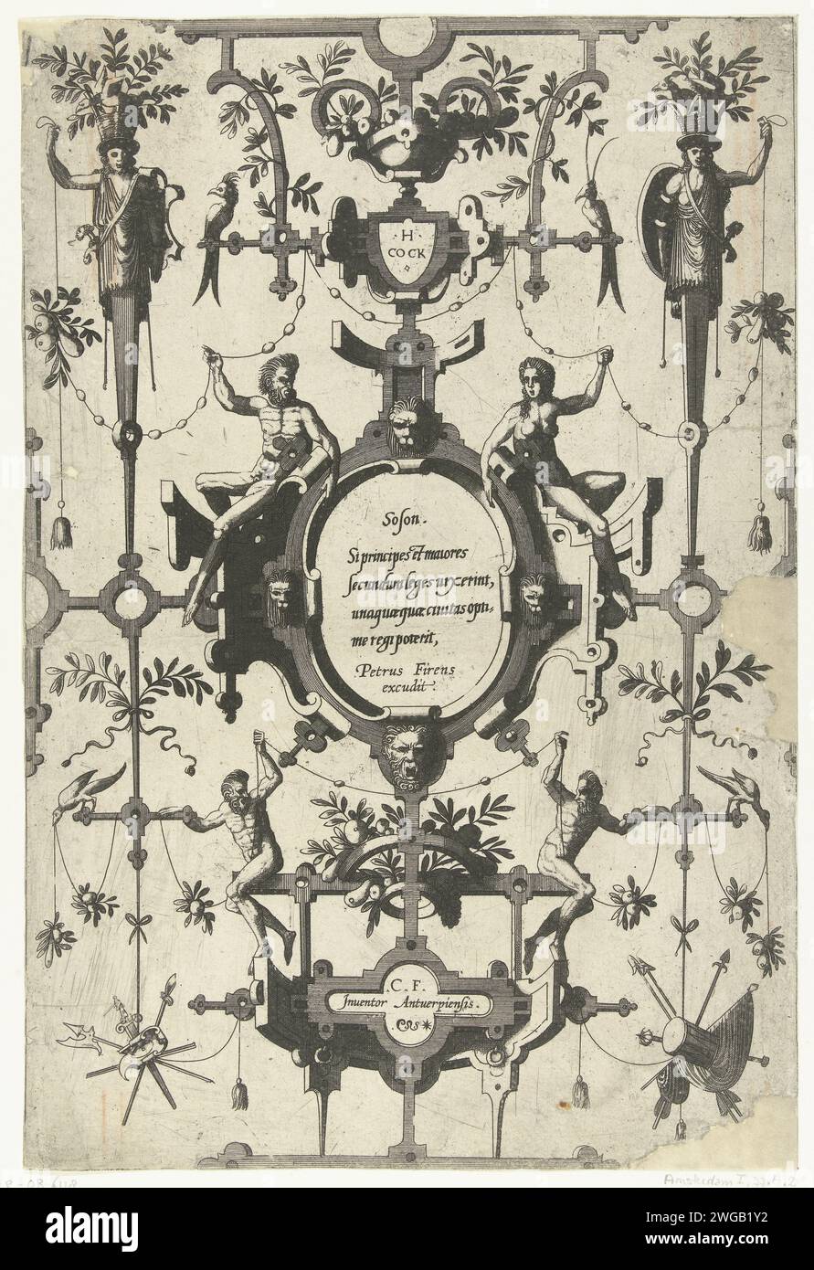 Oval Cartouche with text from Solon, 1558 - 1630 print There are a man and a woman on the cartouche. At the top left and top right are Hermen, bottom left and bottom right are weapon trophies. One of 4 magazines from a series of 6. Second edition of a series of flat decorations designed by Cornelis Floris (Orn Cat I-77.1 to 77.6). Netherlands (possibly) paper etching Stock Photo