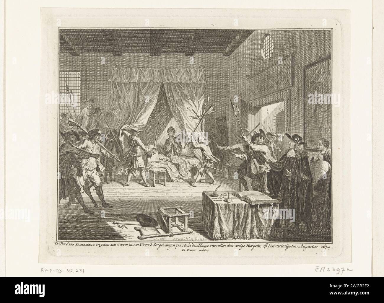 Johan and Cornelis de Witt robberies in their room in the Gevangenpoort, 1672, 1755 print Johan and Cornelis de Witt are attacked by angry armed civilians in their room in the prison gate in The Hague, August 20, 1672. Cornelis sitting in bed, Johan standing behind a writing table. Northern Netherlands paper etching lynching Gateway Stock Photo