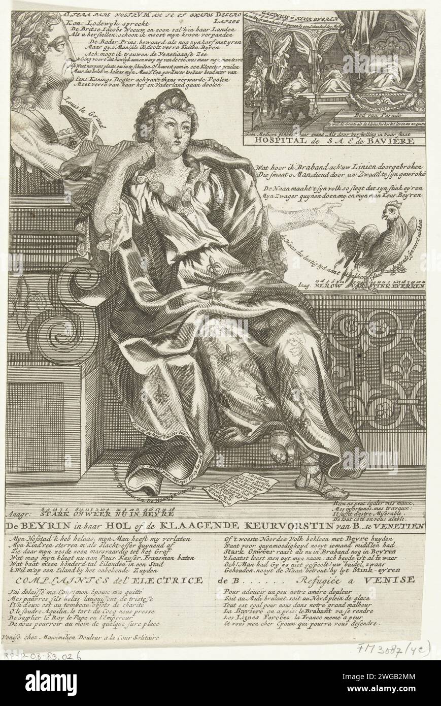 Complaint from the Elector of Bavaria, 1705, 1705 - 1706 print Complaint from Theresia Kunigunde Sobieska, Elector of Bavaria (the wife of Maximilian II Emanuel, Elector of Bavaria), 1705. On the left a large bust of King Louis XIV. Verses in Dutch and French in the record. Part of a series of 7 cartoons on the French and allies from the year 1705. print maker: Northern Netherlandspublisher: Amsterdam paper etching / engraving political caricatures and satires Venice Stock Photo
