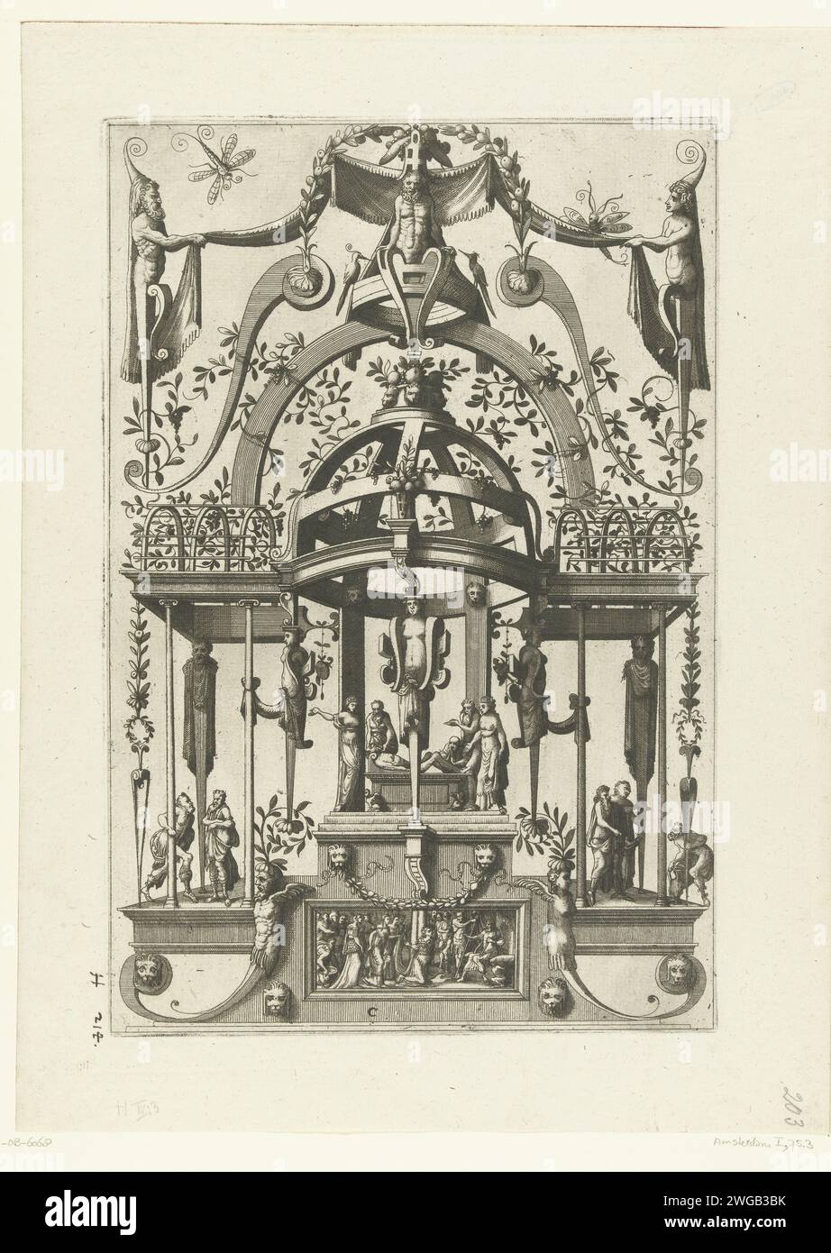 Panel with Grotesken and Latwerkpaviljoen, Johannes or Lucas van Doechum, After Cornelis Floris (II), 1556 print Under a dome of Latwerk, crowned by a Herme, a scene is set on a burial. To the right of the dome are people under a pergola. Leaf C from series of 12 magazines, numbered A-m with flat decorations of grotesken with rolling work, saters, garlands, trophies, animals and fantasy scenes Netherlands (possibly) paper etching ornament  grotesque Stock Photo