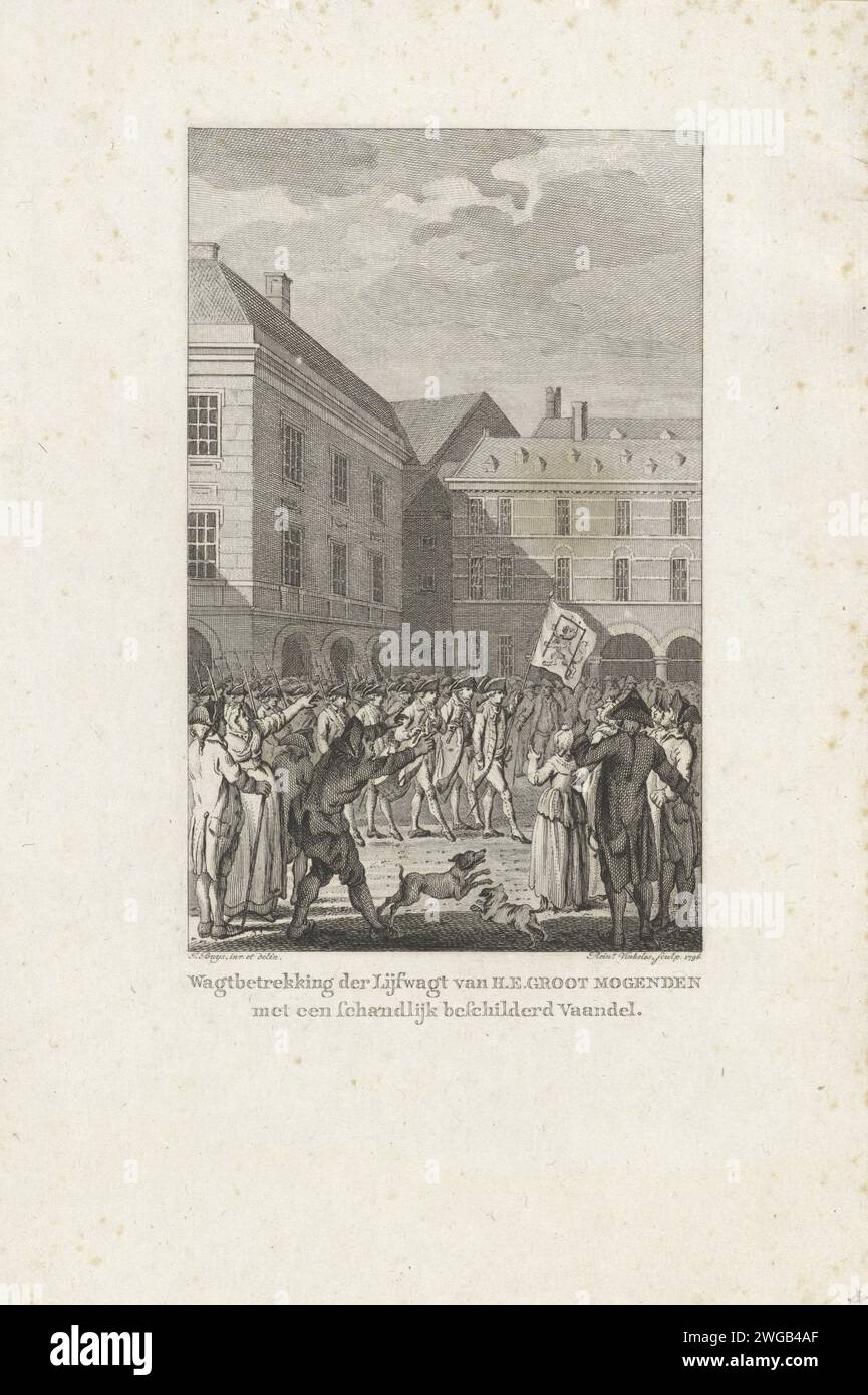 Waiting the Wacht at the Binnenhof with a shameful banner, 1787, Reinier Vinkeles (I), After Jacobus Buys, 1796 print At the Binnenhof in The Hague, the watch is being done with a shameful banner on which a gallows is placed around the Netherlands Lion, February 18, 1787. print maker: Amsterdamafter drawing by: Northern Netherlands paper etching / engraving drill  military training Courtyard Stock Photo