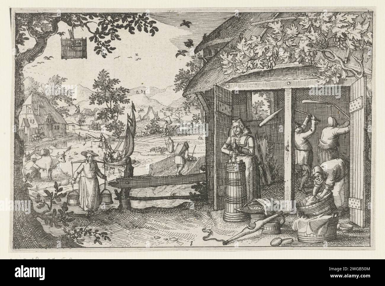 Agriculture and Livestock, ca. 1600, 1608 print Agriculture and animal husbandry. In front of a shed, milk is chopped into butter and the grain is thirsty. On the left comes a milkmaid with a yoke on the shoulders. The cows are milked in the background, harvest and fished. No. 1 from series professions in Noord-Holland. Northern Netherlands paper etching agriculture, cattle-breeding, horticulture, flowerculture, etc.. harvest. milking. churning. transportation of milk North Holland Stock Photo