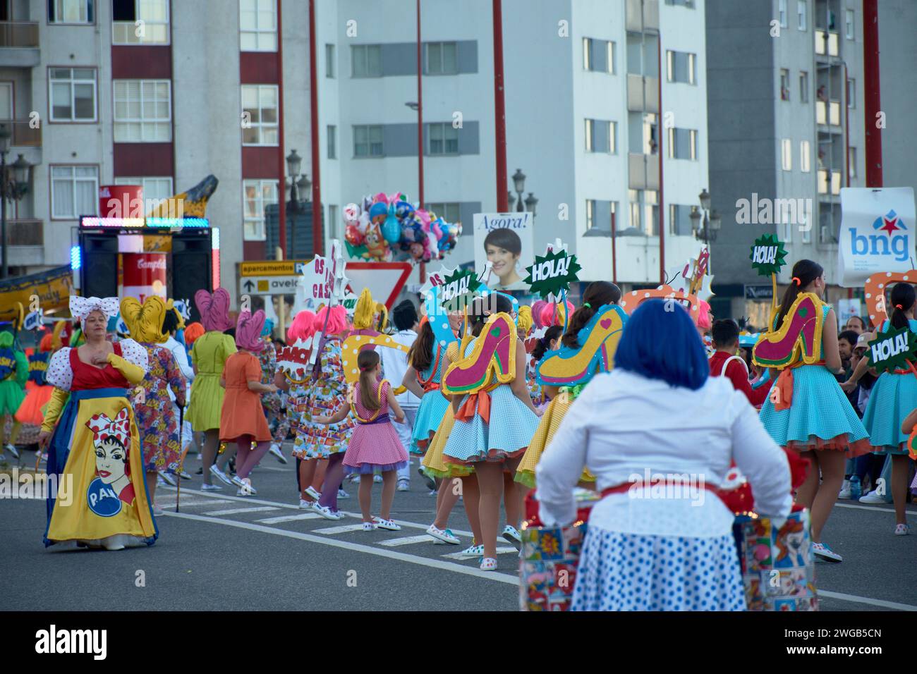 BAIONA,PONTEVEDRA,SPAIN; February,03,2024: Parade of troupes in the early carnival of the Baiona City Council Stock Photo