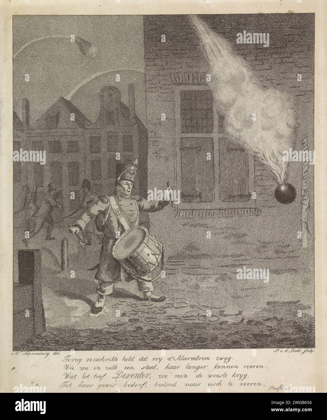 Deventer bombed by Kozaks, 1813, Pieter van der Beek, after Nicolaas Sonnenberg, 1813 print During the bombing of Deventer through the Russian Cossacks, forget to take the guard on the fright on the alarm drum when a bomb is close to him, 23 (?) November 1813. With four -line verse. Netherlands paper etching / engraving bombardment  siege. bombardment. guard duty, keeping sentry. (military) signals Deventer Stock Photo