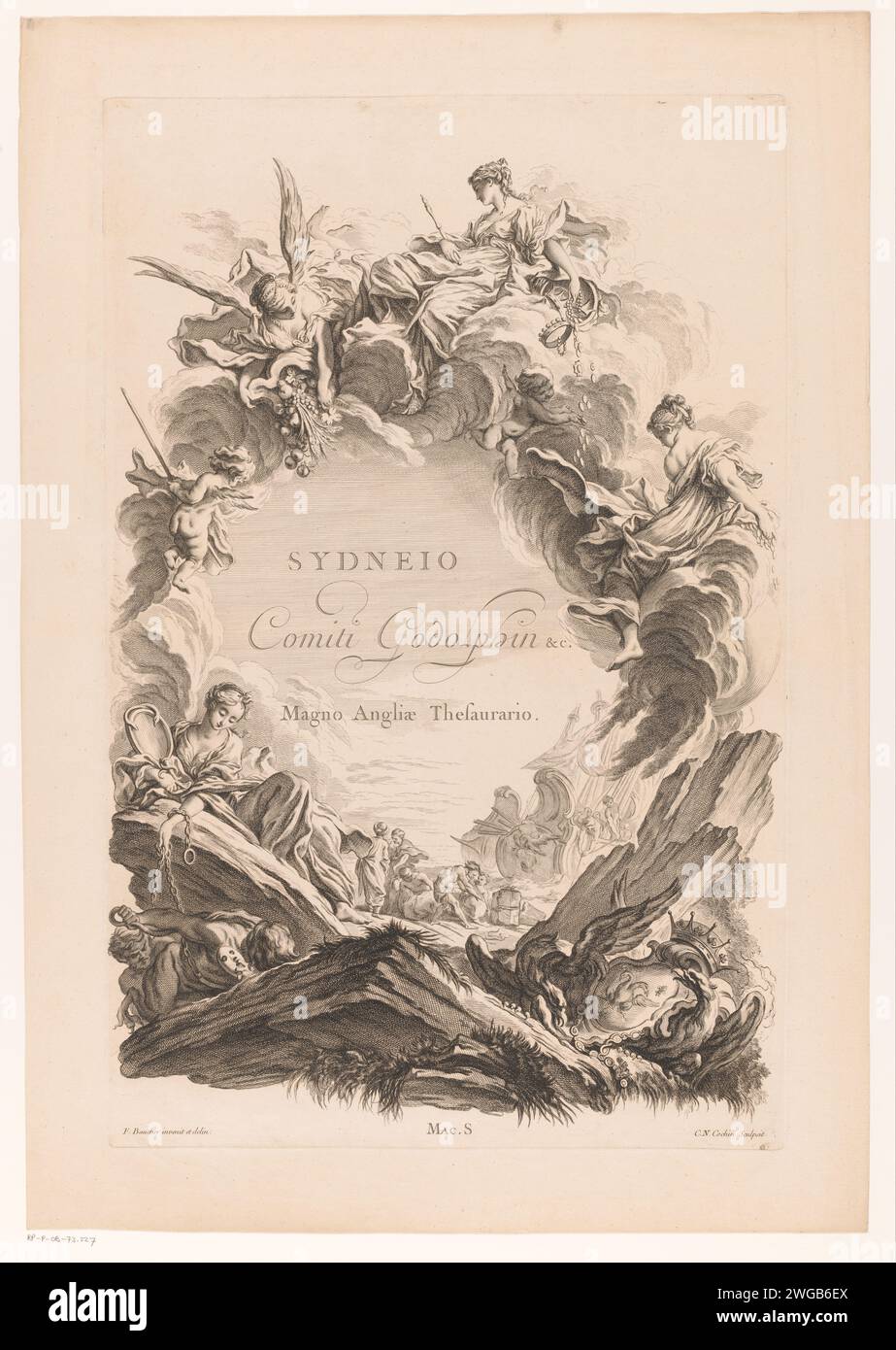Allegory on Sidney Godolphin, 1st count of Godolphin, Charles Nicolas Cochin (I), Charles Nicolas Cochin (II), After François Boucher, 1735 - 1741 print  Paris paper etching / engraving Prudentia (Prudence) as Roman personification Stock Photo