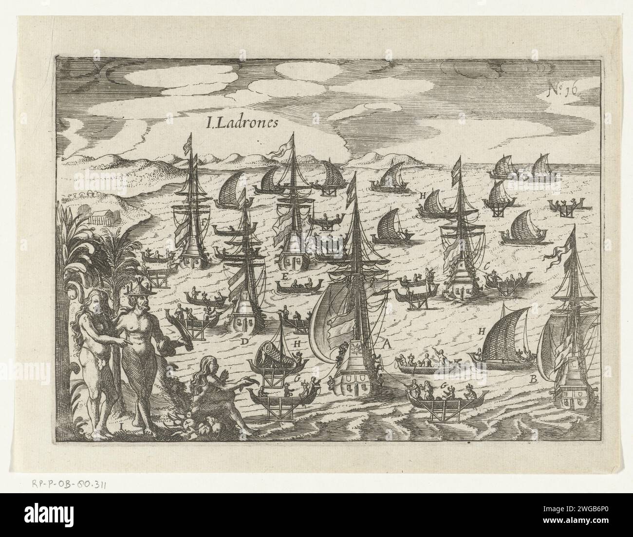 Arrival at the Ladrones Islands, 1616, 1646 print Arrival of the fleet near the Ladrones or Mariana Islands, January 1616. The ships are for anchor: the son, the Maen, the Morghen-Star, the Aeolus, the hunter and the conquered ship. Different types of local vessels in the water. Left in the foreground two examples of the locals. Part of the illustrations in the report of the Joris van Spilbergen journey around the world, 1614-1617, No. 16. Northern Netherlands paper etching exploration, expedition, voyage of discovery. landscapes in tropical and sub-tropical regions Mariana Islands Stock Photo