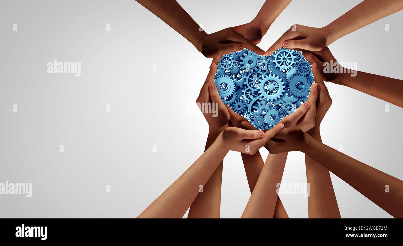 Technology And Unity or industry partnership as heart hands in a group of diverse people connected together with gears and cog wheels as business team Stock Photo