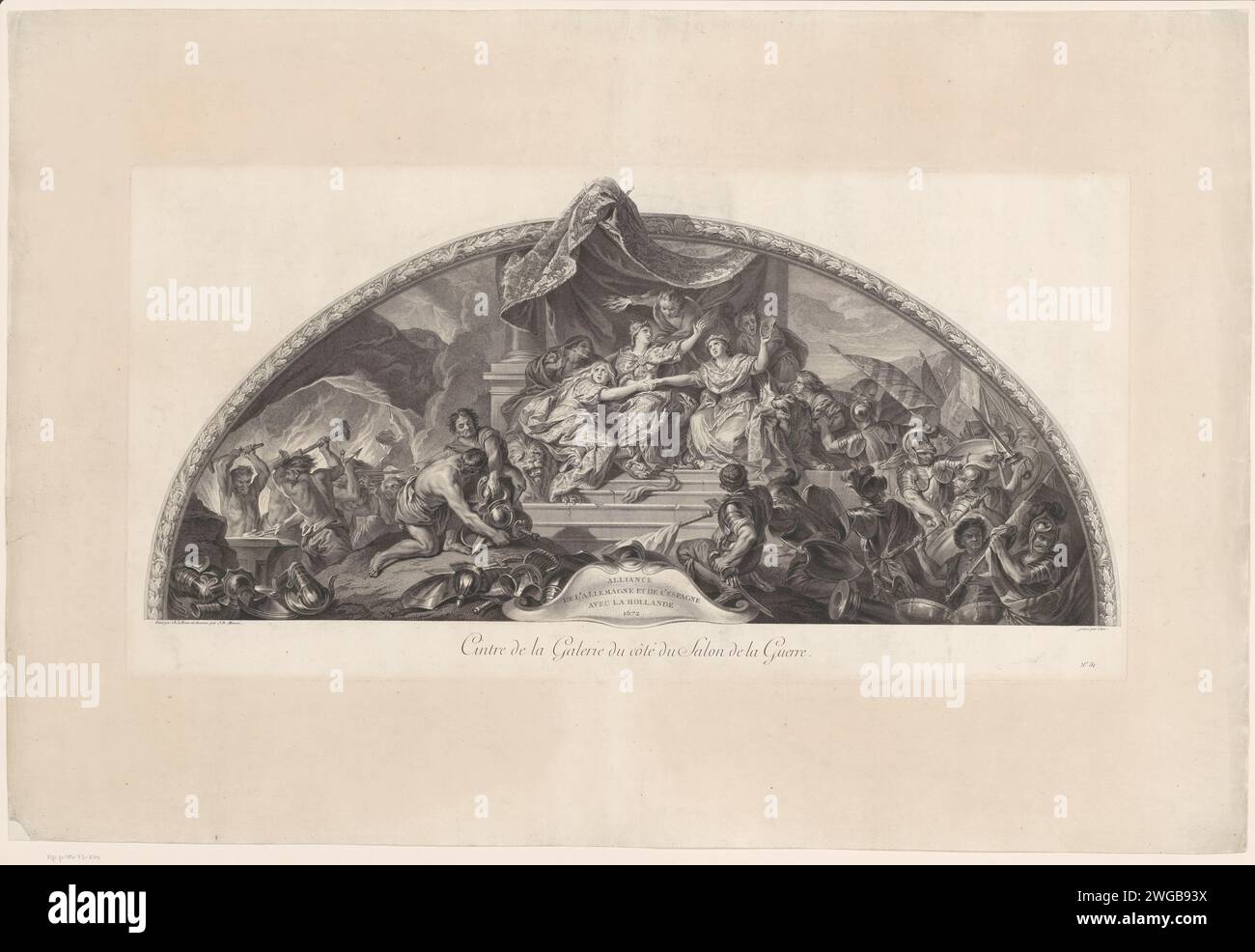 Ceiling painting in the Grande gallery of Versailles with the alliance between Spain, the Holy Roman Empire and the Netherlands, Laurent Cars, After Jean Baptiste Massé, After Charles Le Brun, 1752 print Numbered in the bottom right: No. 31.  paper etching / engraving alliance, league, union, foedus. (decorated) ceiling Versailles Stock Photo