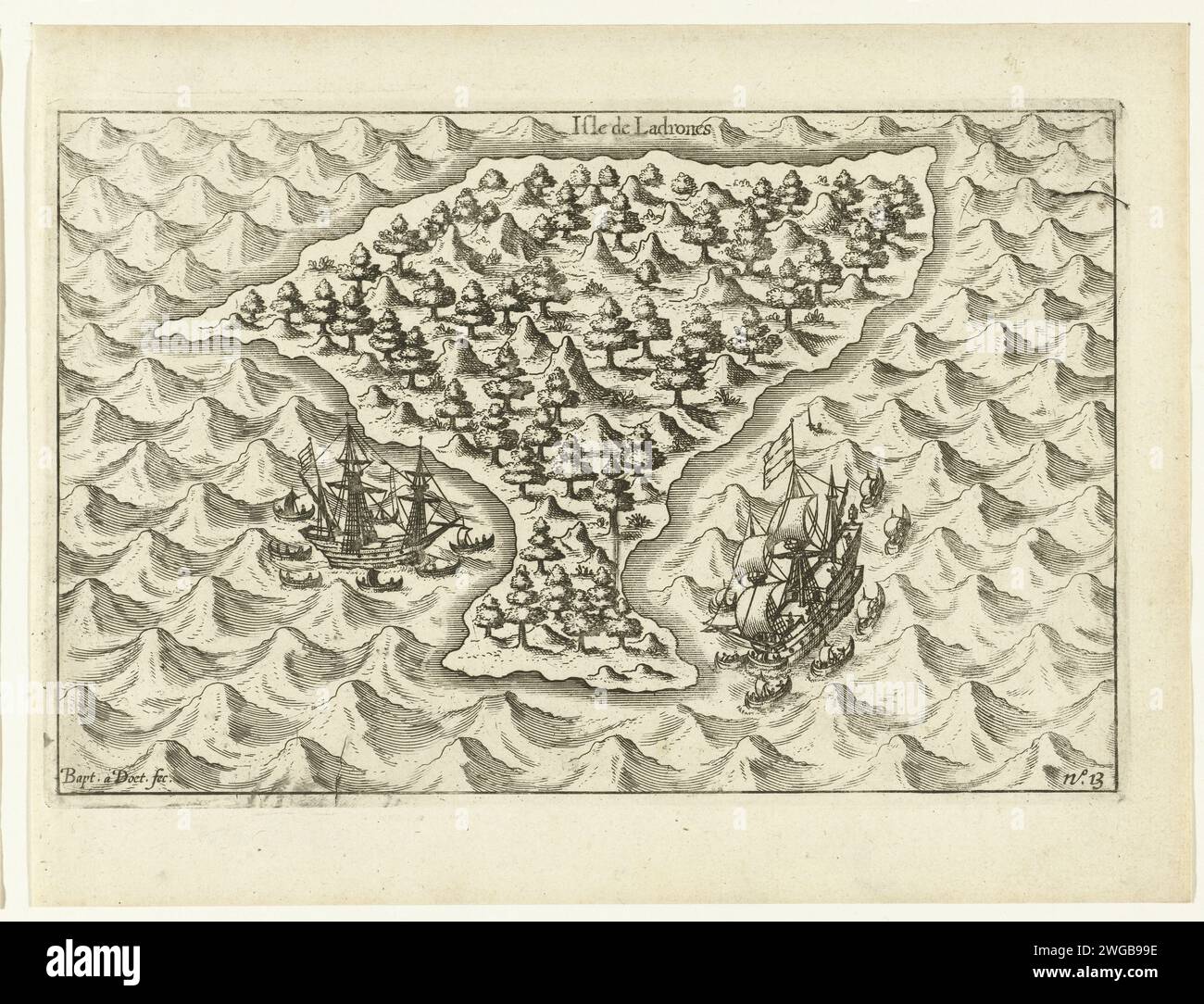 The two ships at one of the Ladrones or Mariana Islands, 1600, 1646 print The two ships at one of the Ladrones or Mariana Islands, September 15, 1600. Part of the illustrations in the report of the journey around the world by Olivier van Noort in 1598-1601. No. 13. Northern Netherlands paper etching / engraving exploration, expedition, voyage of discovery. landscapes in tropical and sub-tropical regions. maps of separate countries or regions Mariana Islands Stock Photo