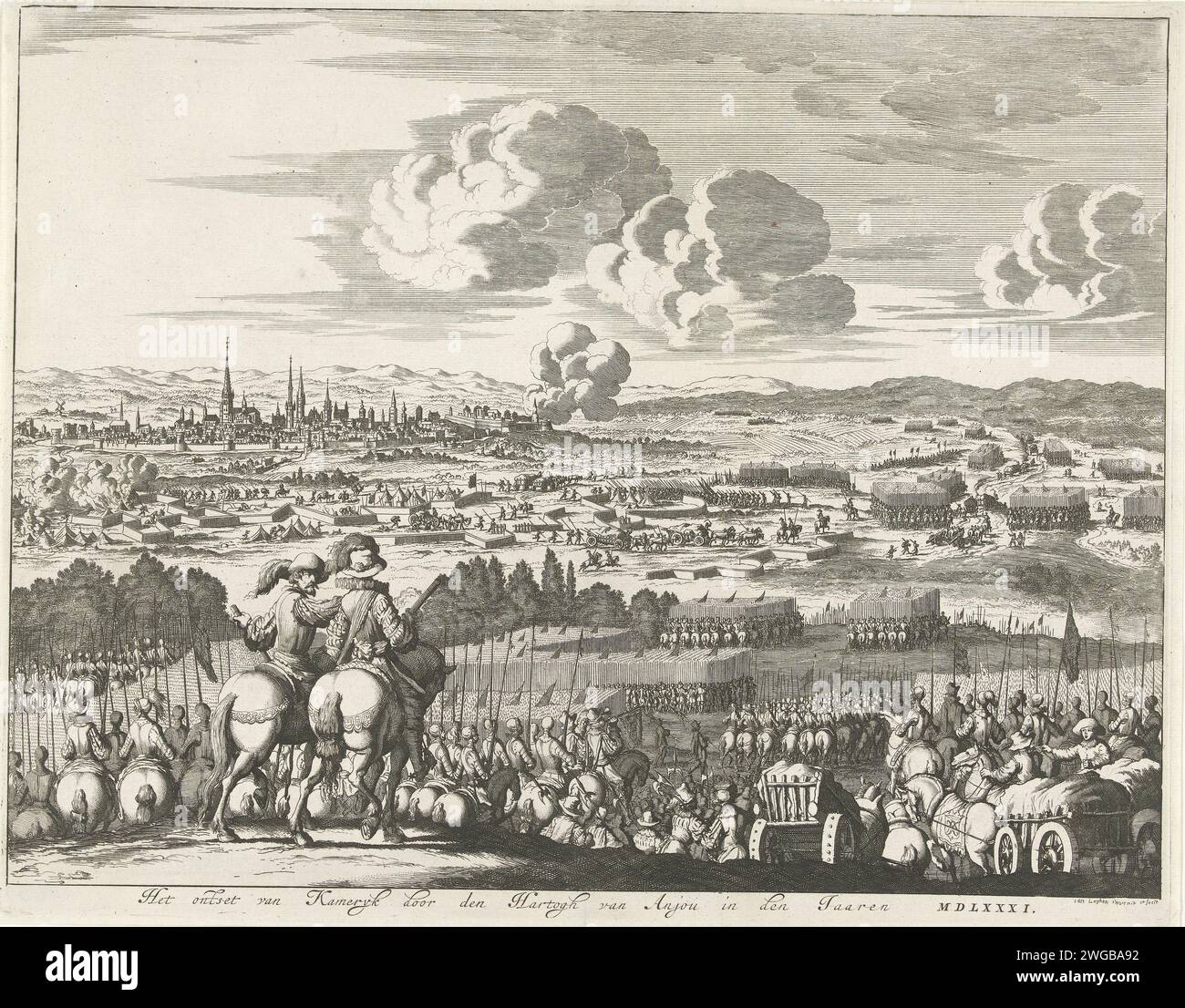 The relief of Kamerijk by the Duke of Anjou, 1581, 1680 print Kamerijk besieged by the Duke of Parma but relieved by the Duke of Anjou, August 16, 1581. View of the city from the position of Anjou's army, in the foreground two field lords on horseback. The Parma troops leave their racks around the city. Amsterdam paper etching raising the siege with outside assistance, relief Cambrai Stock Photo