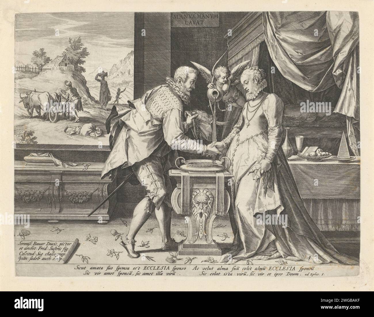 Allegory at marriage, Johann Sadeler (I), After Frederik Sustris, 1588 - 1595 print Cupido pours water over the hands of a man and woman who are opposite each other. At the rear right in the departure a four -poster bed. On the left through the window you can see a plowing farmer. The print has a Latin caption with a Bible quotation about marriage (Eph. 5). München paper engraving (personifications and symbolic representations of) Love; 'Amore (secondo Seneca)' (Ripa). 'Benevolenza et Unione matrimoniale', 'Concordia maritale' (Ripa). shaking hands, 'dextrarum junctio'. bed with tester. plough Stock Photo