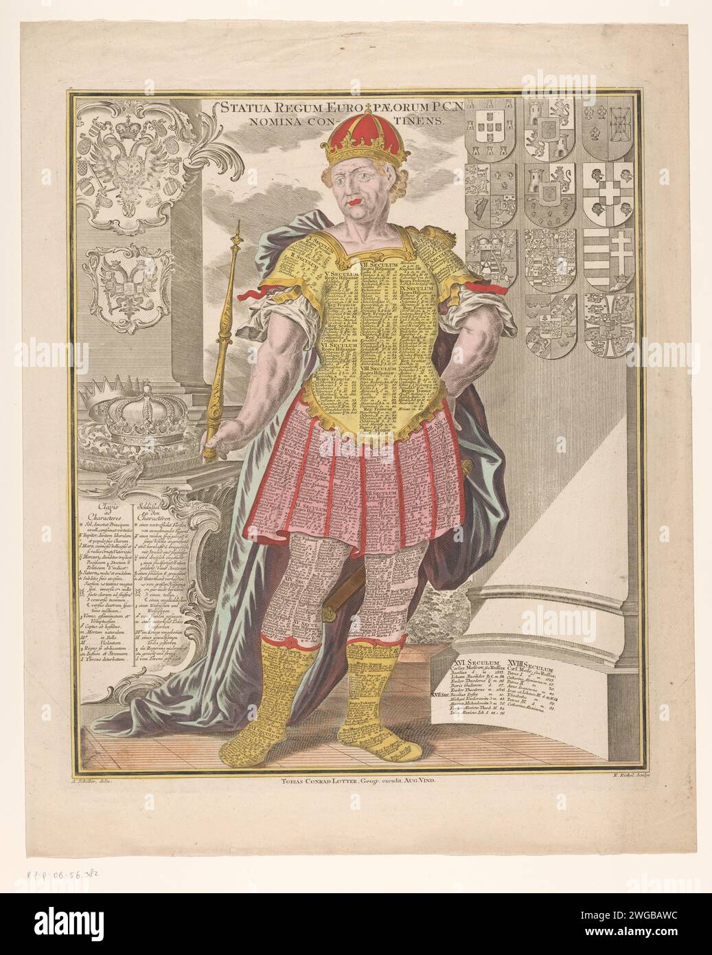 King with the names of Kings on his clothing through history, Emanuel Eichel, after August Scheller, 1727 - 1782 print   paper etching History. chronology. armorial bearing, heraldry Stock Photo