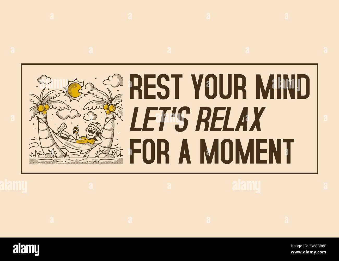 Rest your mind, let's relax for a moment. Retro illustration of a guy hanging on the hammock Stock Vector