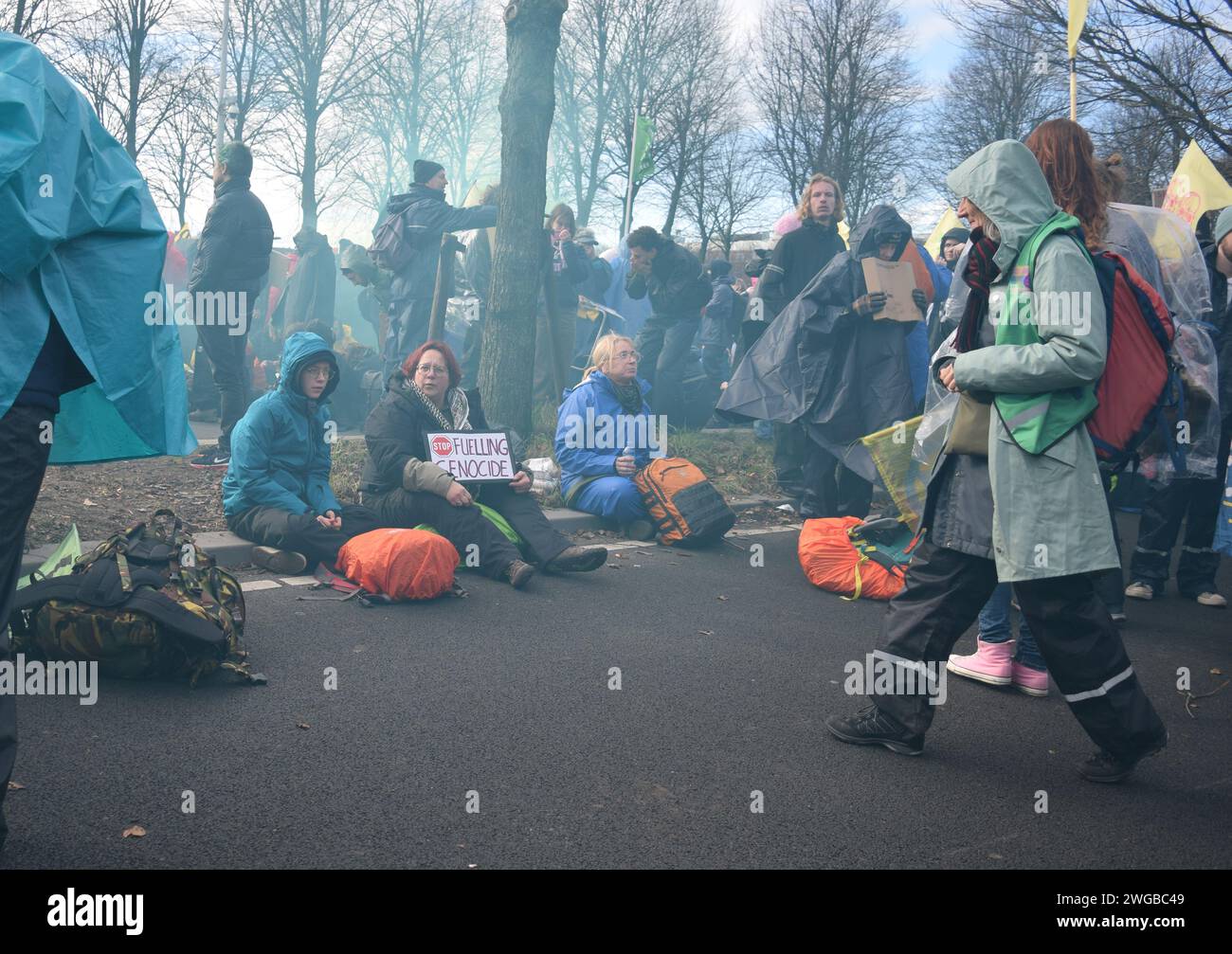 The Hague, Netherlands. 03rd Feb, 2024. Climate activists from the Extinction Rebellion gather as they stage a blockade on the Utrechtsebaan, a section of the A12 motorway, to demand an end to fossil fuel subsidies in The Hague, the Netherlands, on February 3, 2024. (Photo by Mouneb Taim/INA Photo Agency/Sipa USA) Credit: Sipa USA/Alamy Live News Stock Photo