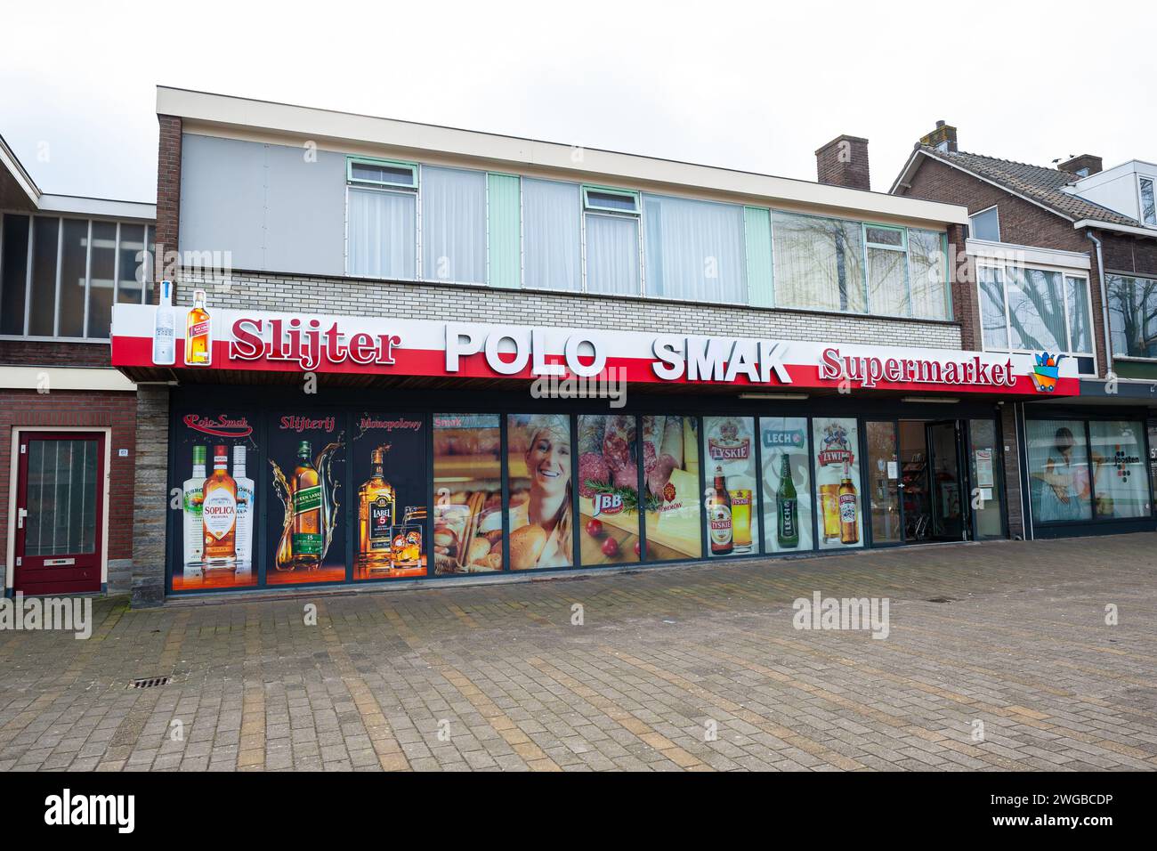Polish supermarket 'Polo Smak' located in the center of the town of Waddinxveen, The Netherlands. Stock Photo