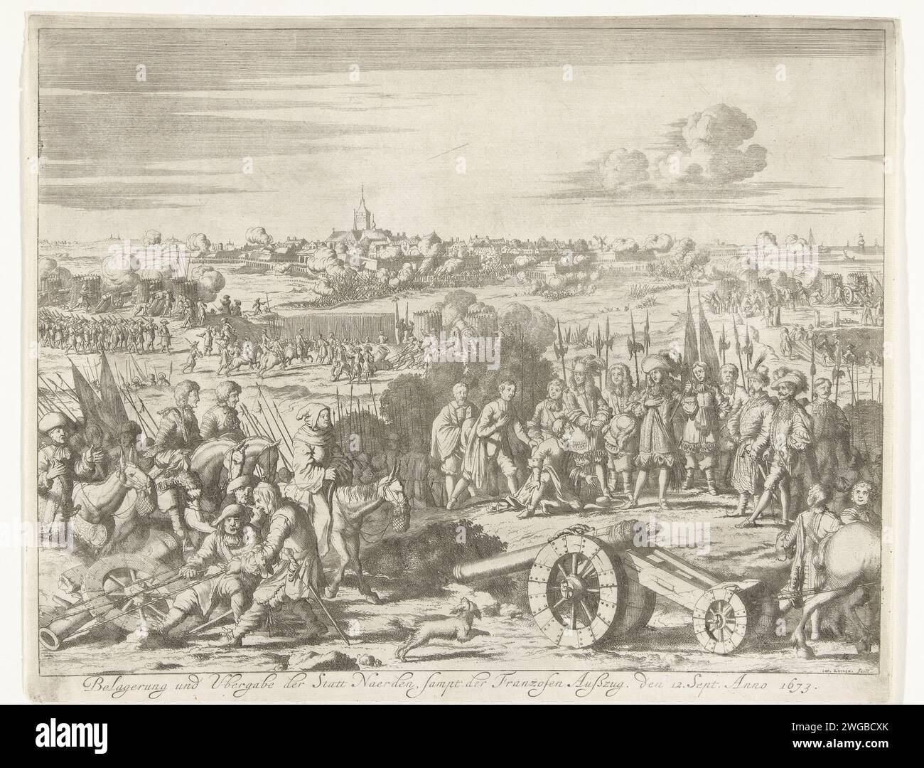 Siege and conquest of Naarden by the Prince of Orange, 1673, 1678 - 1680 print Siege and conquest of Naarden by the Prince of Orange, 12 September 1673. In the foreground the transport of guns. In the middle, the mayor of Naarden kneels for the prince who is surrounded by his staff of officers. In the distance the siege and the storming of the city. Northern Netherlands paper etching siege, position war. capture of city (after the siege) Naarden Stock Photo