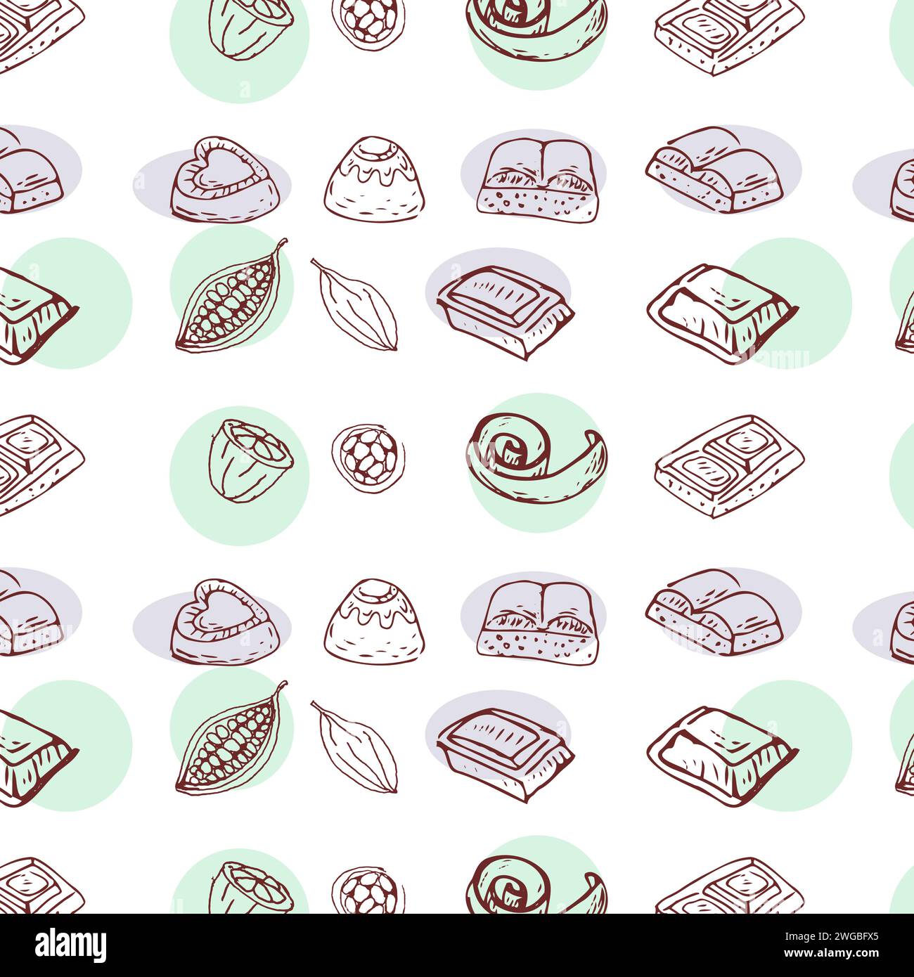Cocoa beans and chocolate doodle pattern. Vector illustration isolated