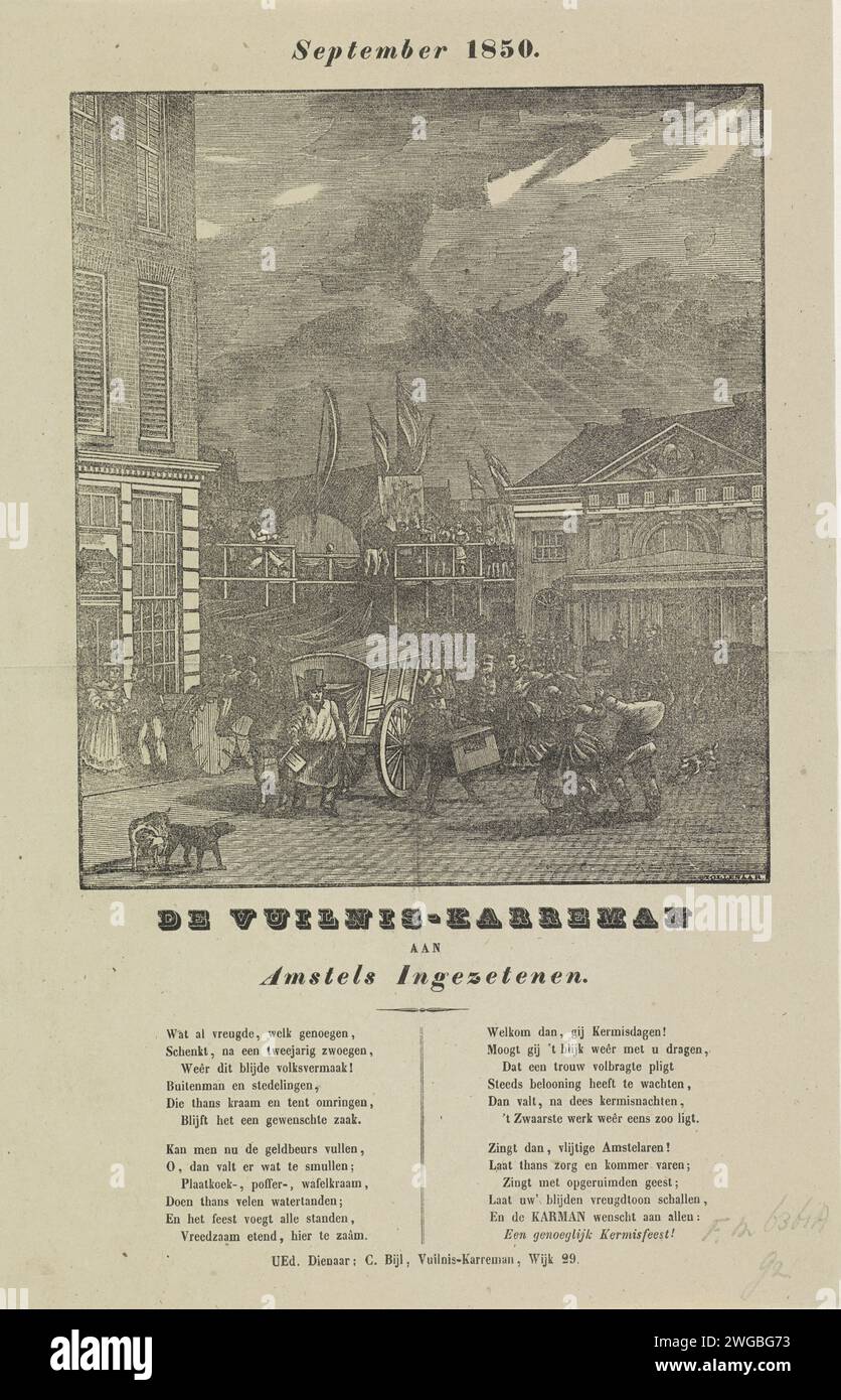 KermisStrent of the garbage collectors of Amsterdam for the year 1850, Dirk Wijbrand Tollenaar, 1850 print KermisStrent of the Amsterdam garbage collectors for the year 1850. View at the fair at the Botermarkt with the Oude Waag. Two garbage carts on the market. With poem in two columns. From the garbage carman in the NO. 29: C. Bijl. Amsterdam paper letterpress printing street. garbage collection Amsterdam. Botermarkt. Waag on the Botermarkt Stock Photo