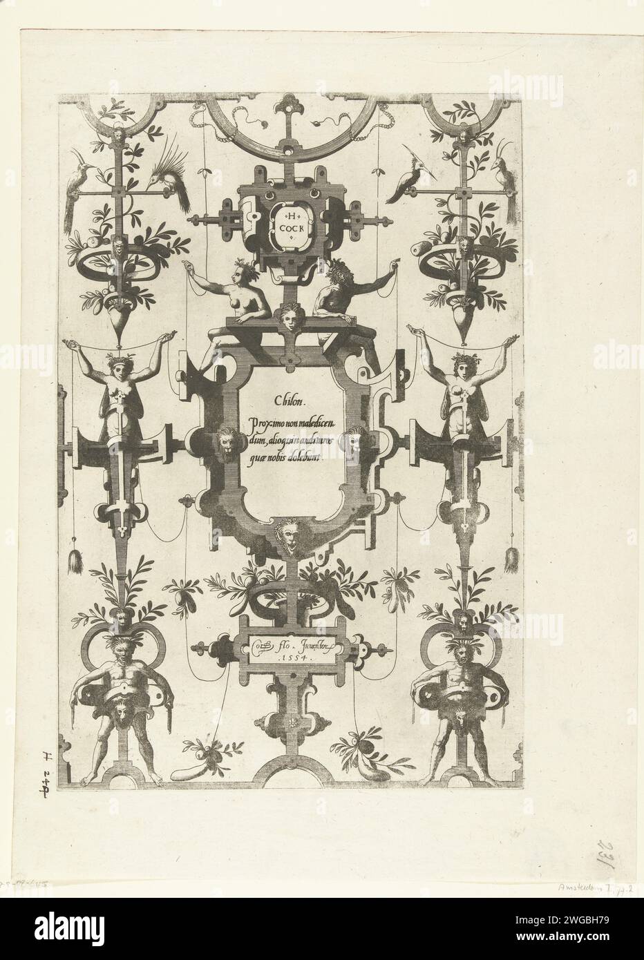 Cartouche with text of Tales, 1558 - 1630 print Cartouche with text, flanked by two women with spider skirts. There are two sphinxes at the bottom. Belongs to series of 6 magazines. Netherlands (possibly) paper etching Stock Photo